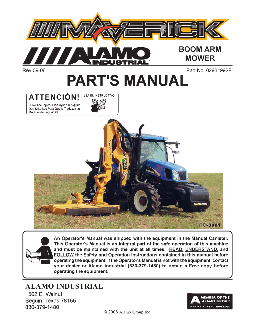 Alamo Boom Arm Mower manual Parts Manual 