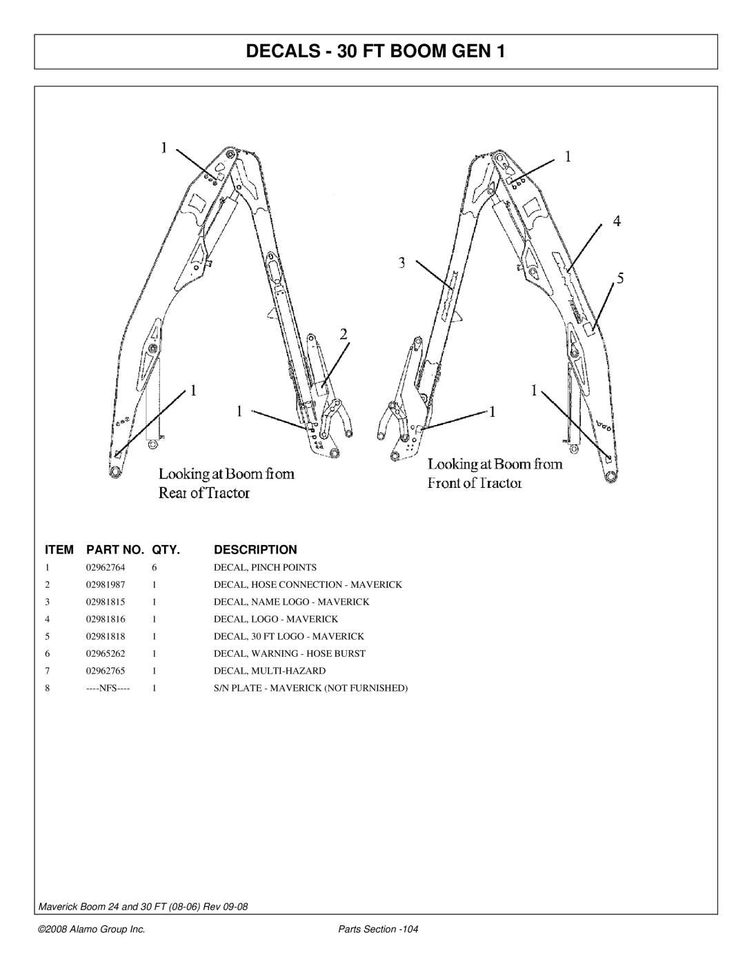 Alamo Boom Arm Mower manual Decals 30 FT Boom GEN, DECAL, 30 FT Logo Maverick 