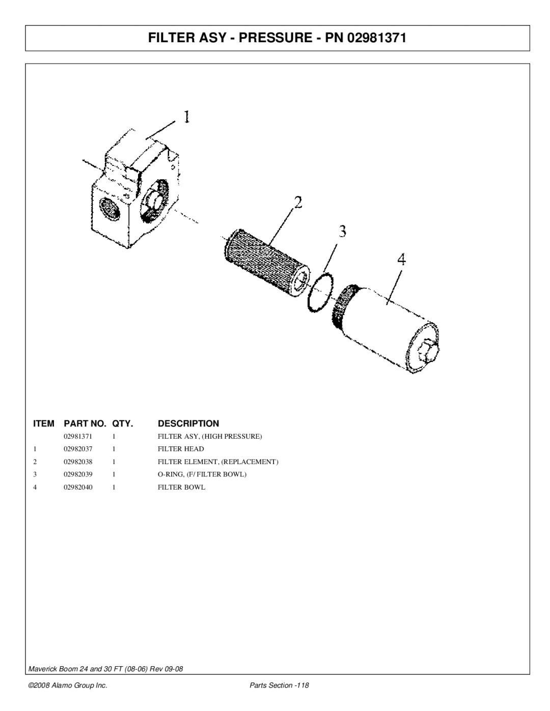 Alamo Boom Arm Mower manual Filter ASY Pressure PN, Filter ASY, High Pressure, Filter Head, RING, F/ Filter Bowl 