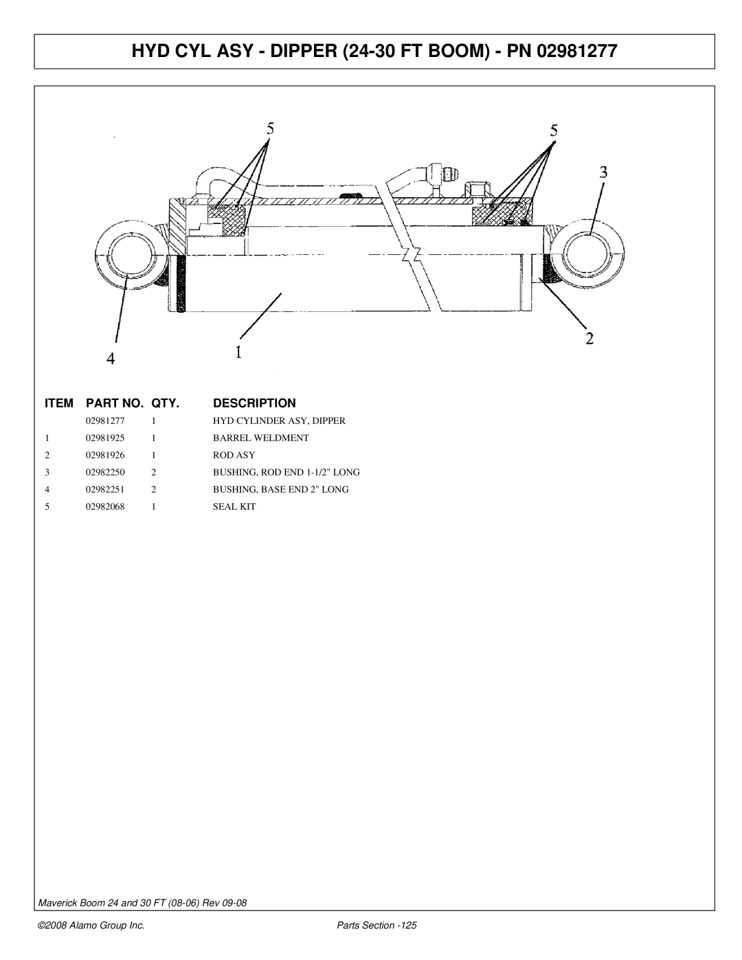 Alamo Boom Arm Mower manual HYD Cylinder ASY, Dipper, Barrel Weldment, BUSHING, Base END 2 Long 