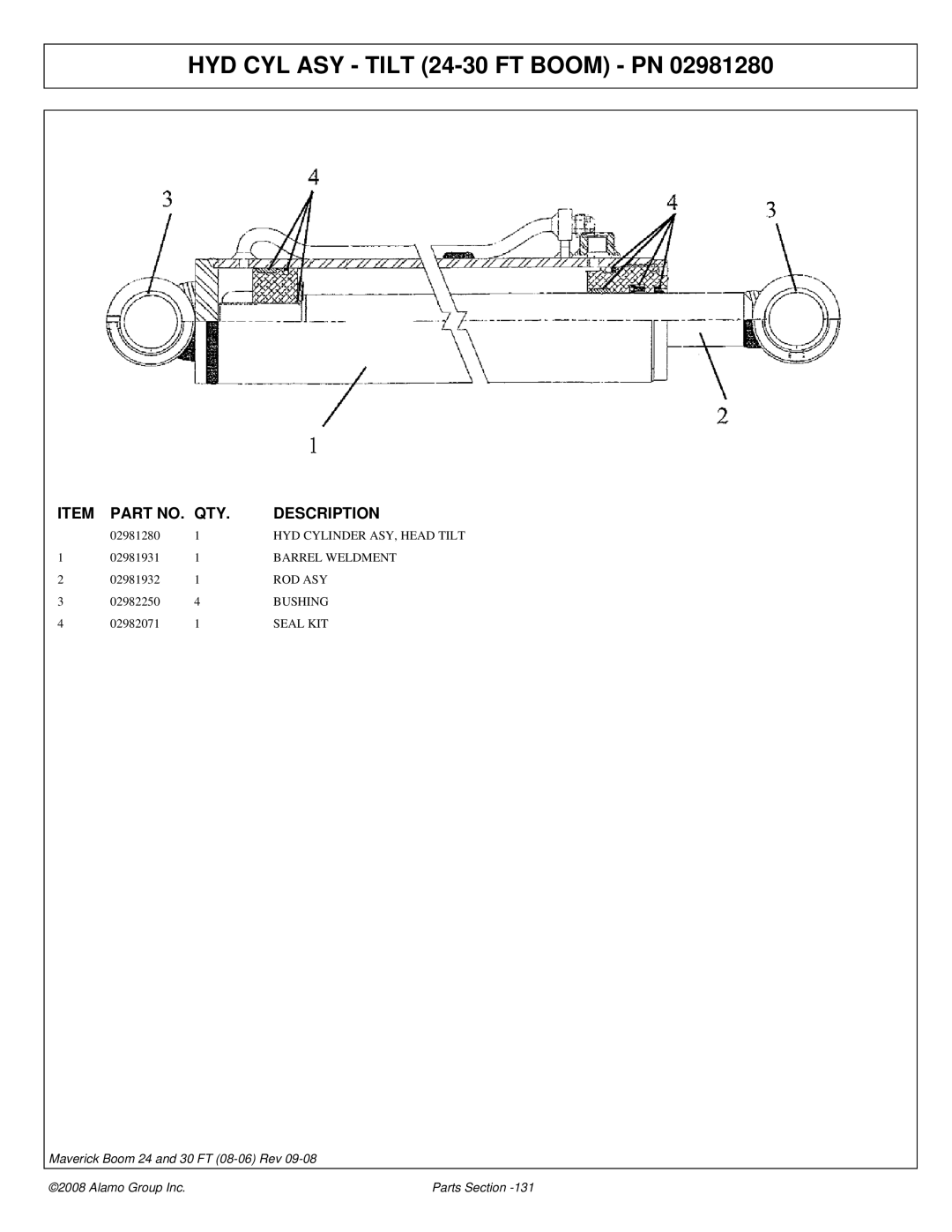 Alamo Boom Arm Mower manual HYD CYL ASY Tilt 24-30 FT Boom PN, Bushing 