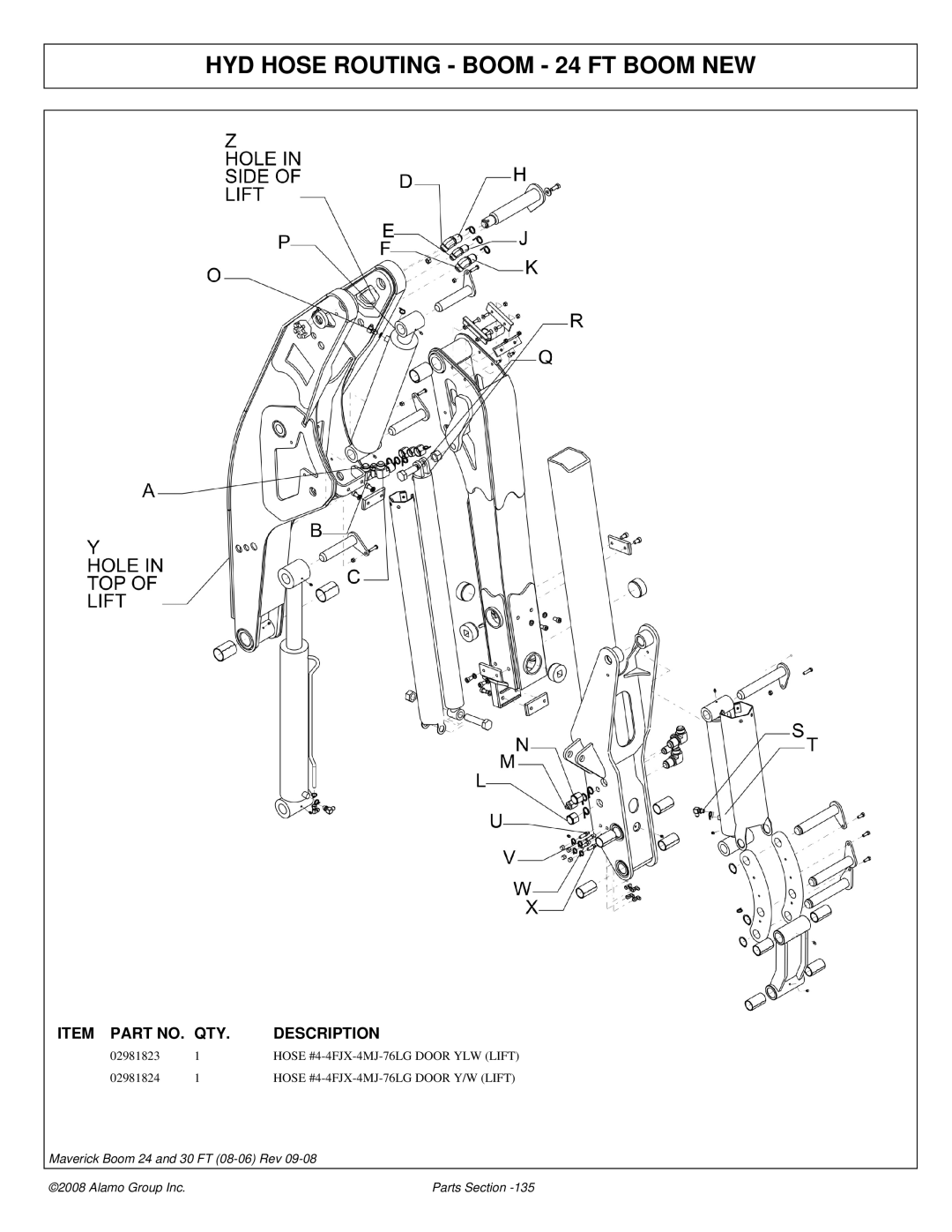 Alamo Boom Arm Mower manual HYD Hose Routing Boom 24 FT Boom NEW, Item Part no QTY Description 