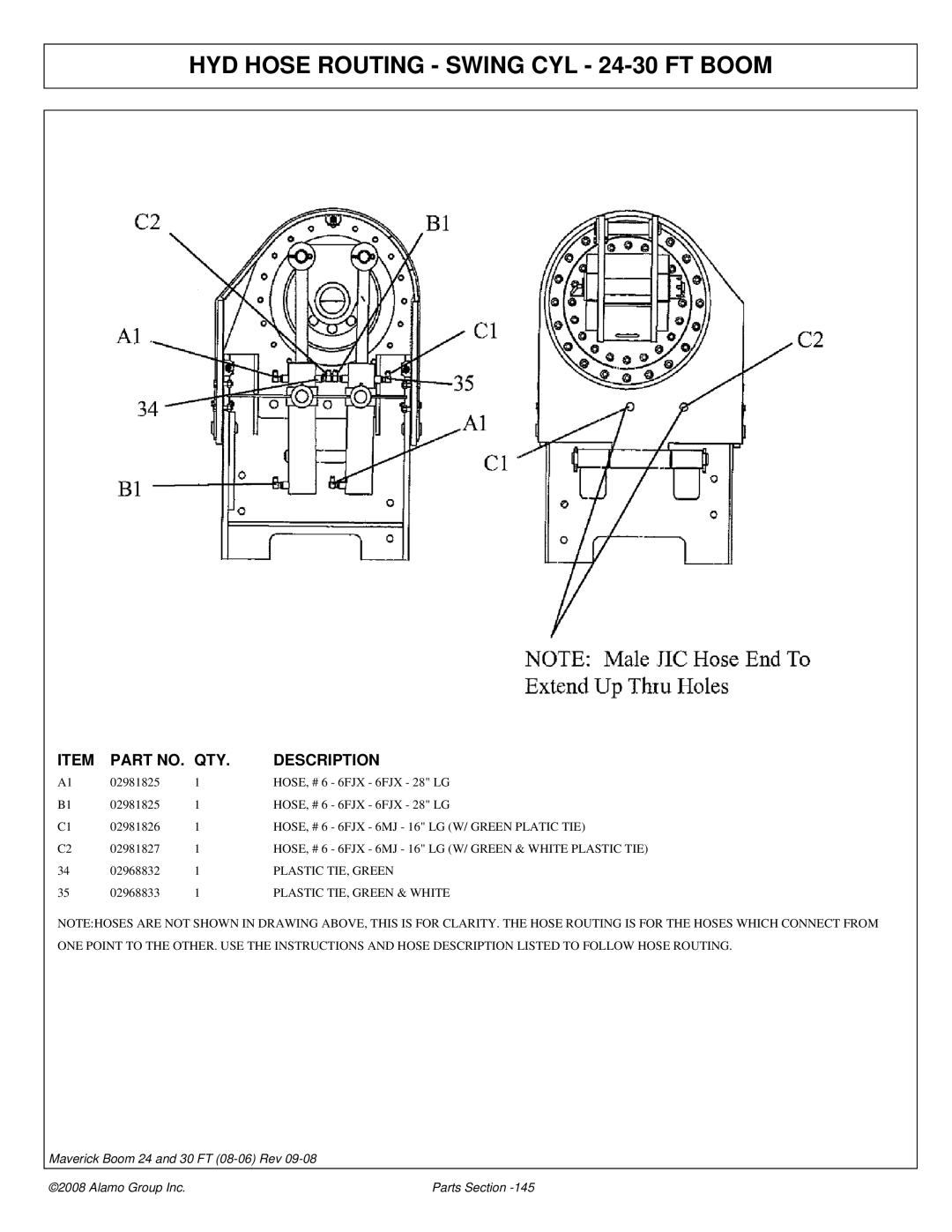 Alamo Boom Arm Mower manual HYD Hose Routing Swing CYL 24-30 FT Boom, 6FJX 6MJ 16 LG W/ Green Platic TIE 