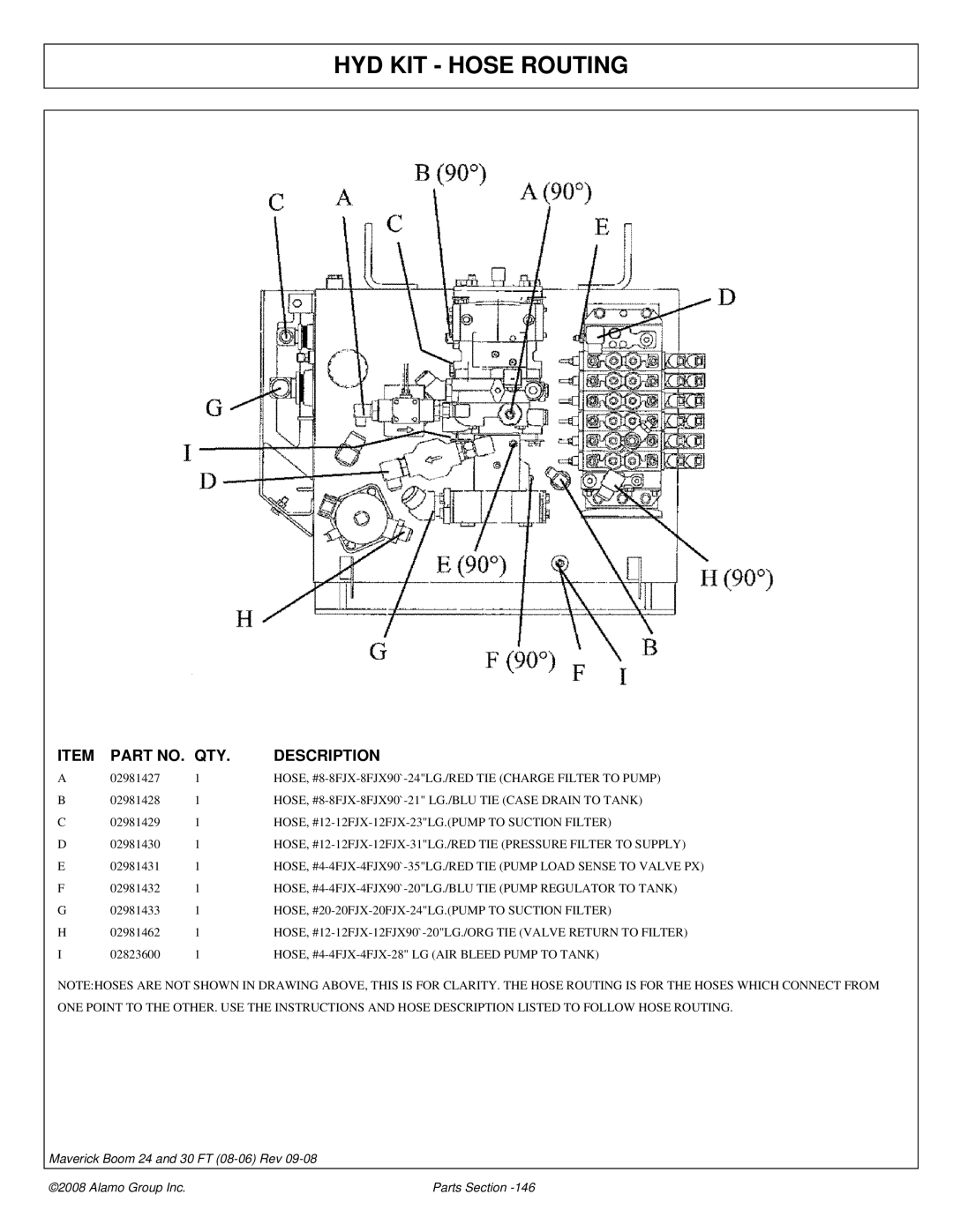 Alamo Boom Arm Mower manual HYD KIT Hose Routing 