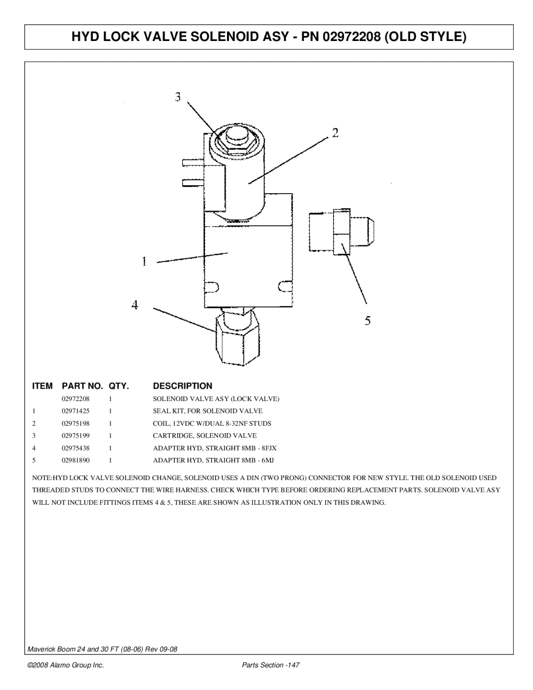 Alamo Boom Arm Mower manual HYD Lock Valve Solenoid ASY PN 02972208 OLD Style, Seal KIT, for Solenoid Valve 