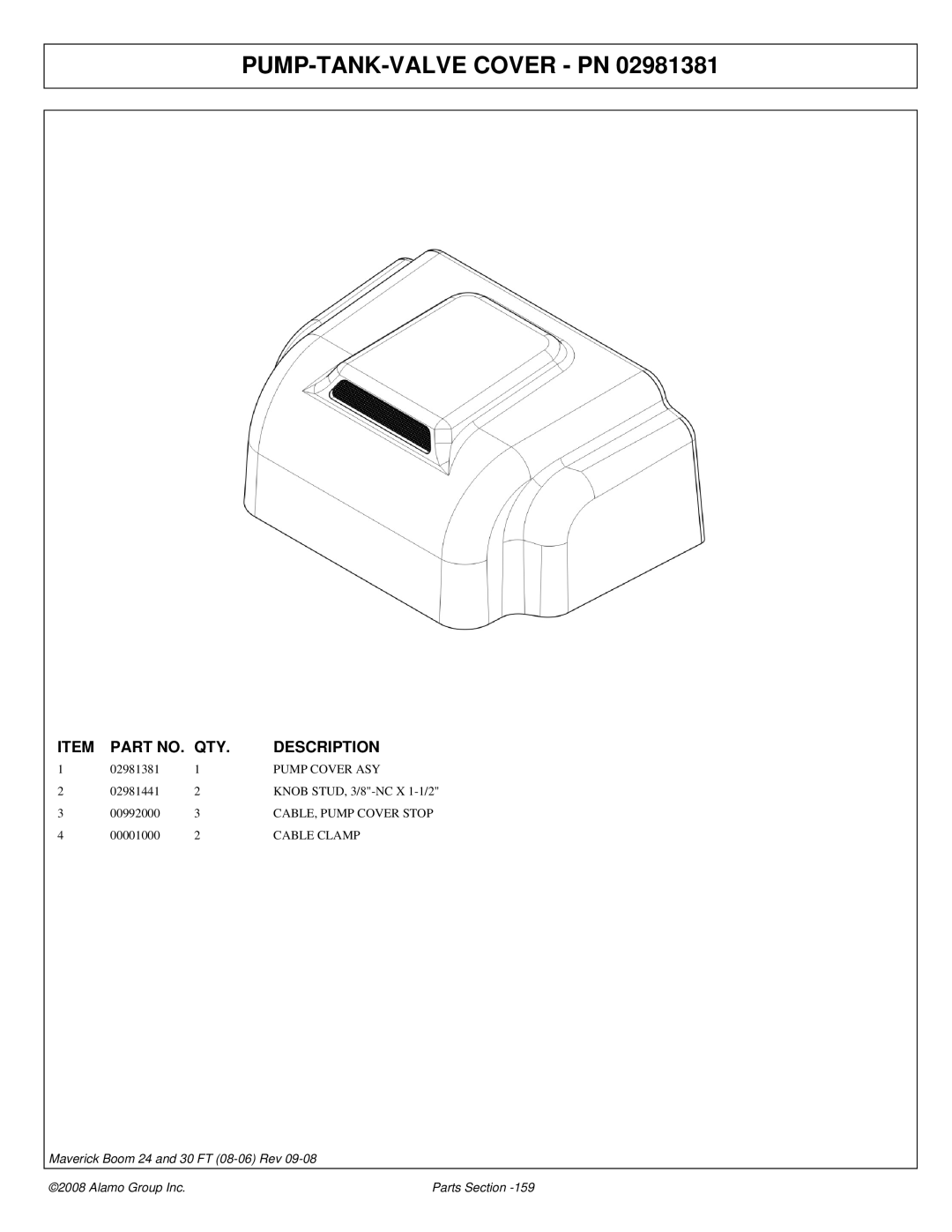 Alamo Boom Arm Mower manual PUMP-TANK-VALVE Cover PN, Pump Cover ASY, Cable Clamp 