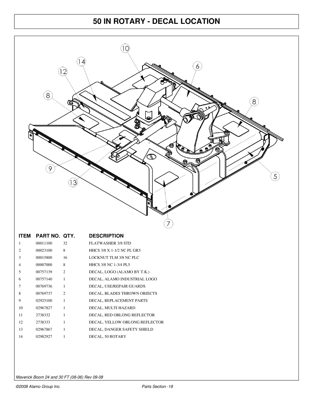 Alamo Boom Arm Mower manual Rotary Decal Location 