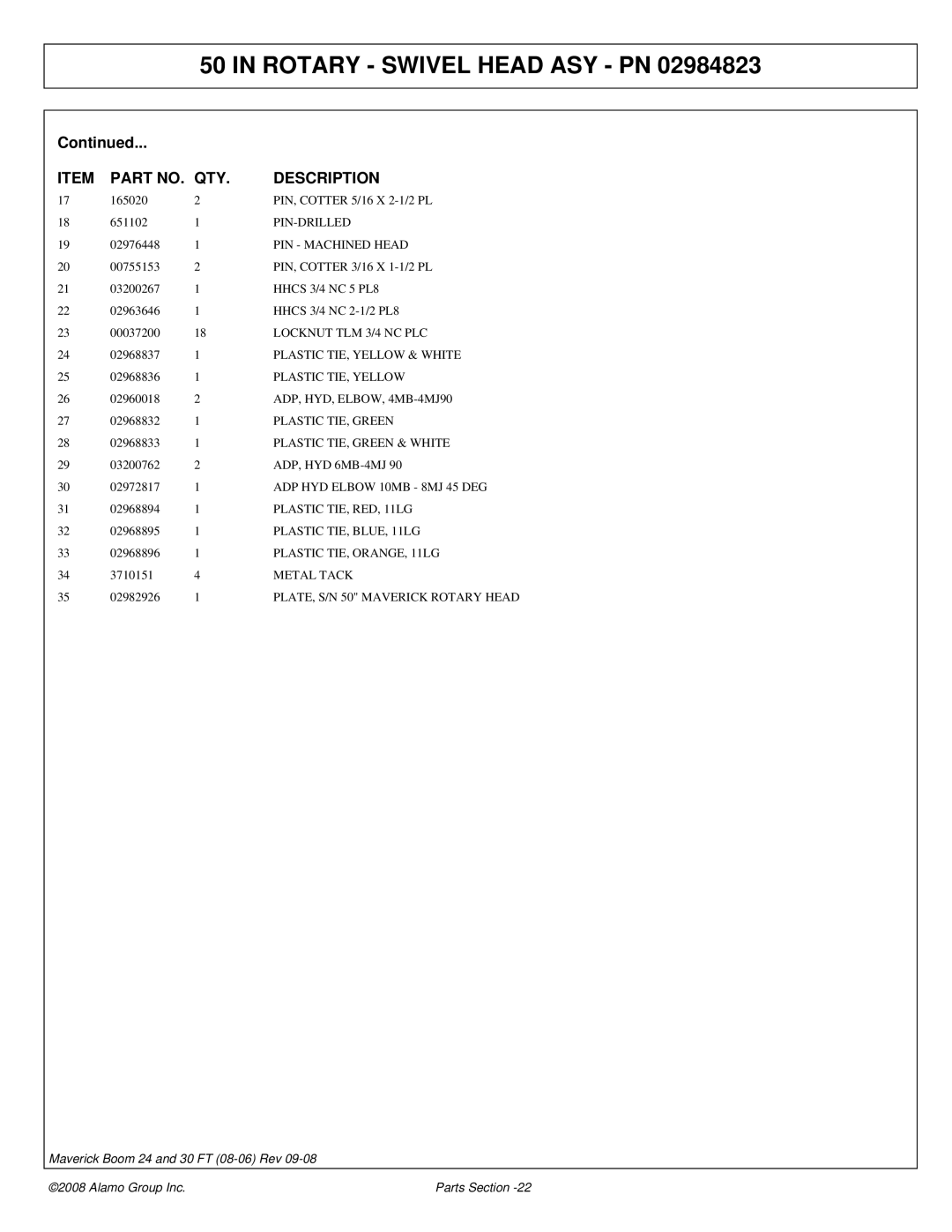 Alamo Boom Arm Mower manual Pin-Drilled, PIN Machined Head, Locknut TLM 3/4 NC PLC, Plastic TIE, Yellow & White, Metal Tack 