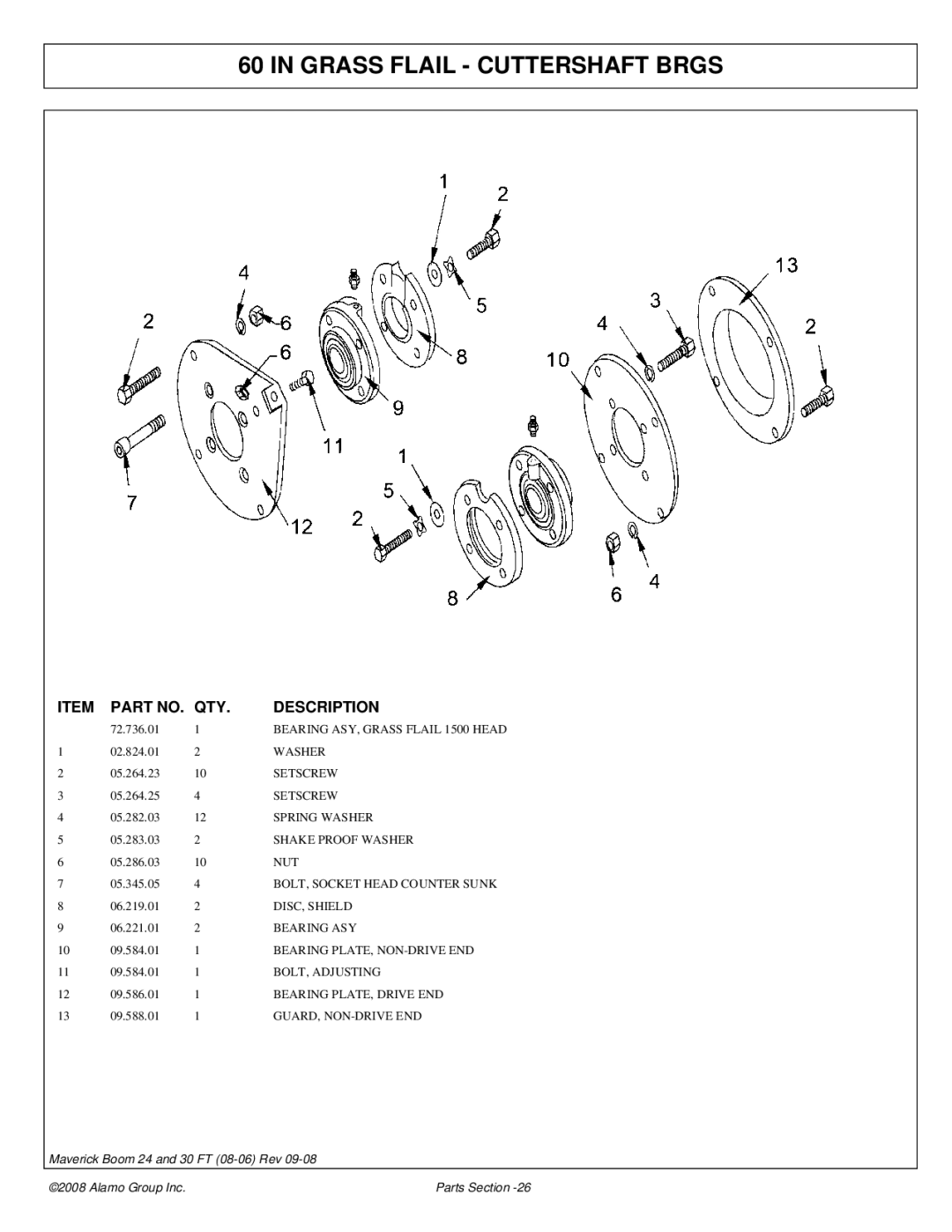 Alamo Boom Arm Mower manual Grass Flail Cuttershaft Brgs 