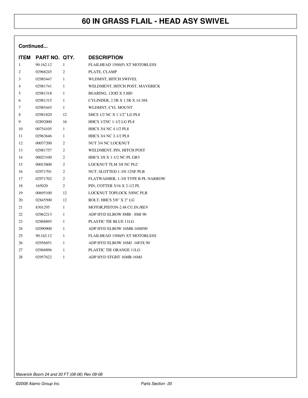 Alamo Boom Arm Mower manual Flailhead 1500P XT Motorless, PLATE, Clamp, WLDMNT, Hitch Swivel, BEARING, 12OD X 5.8ID 