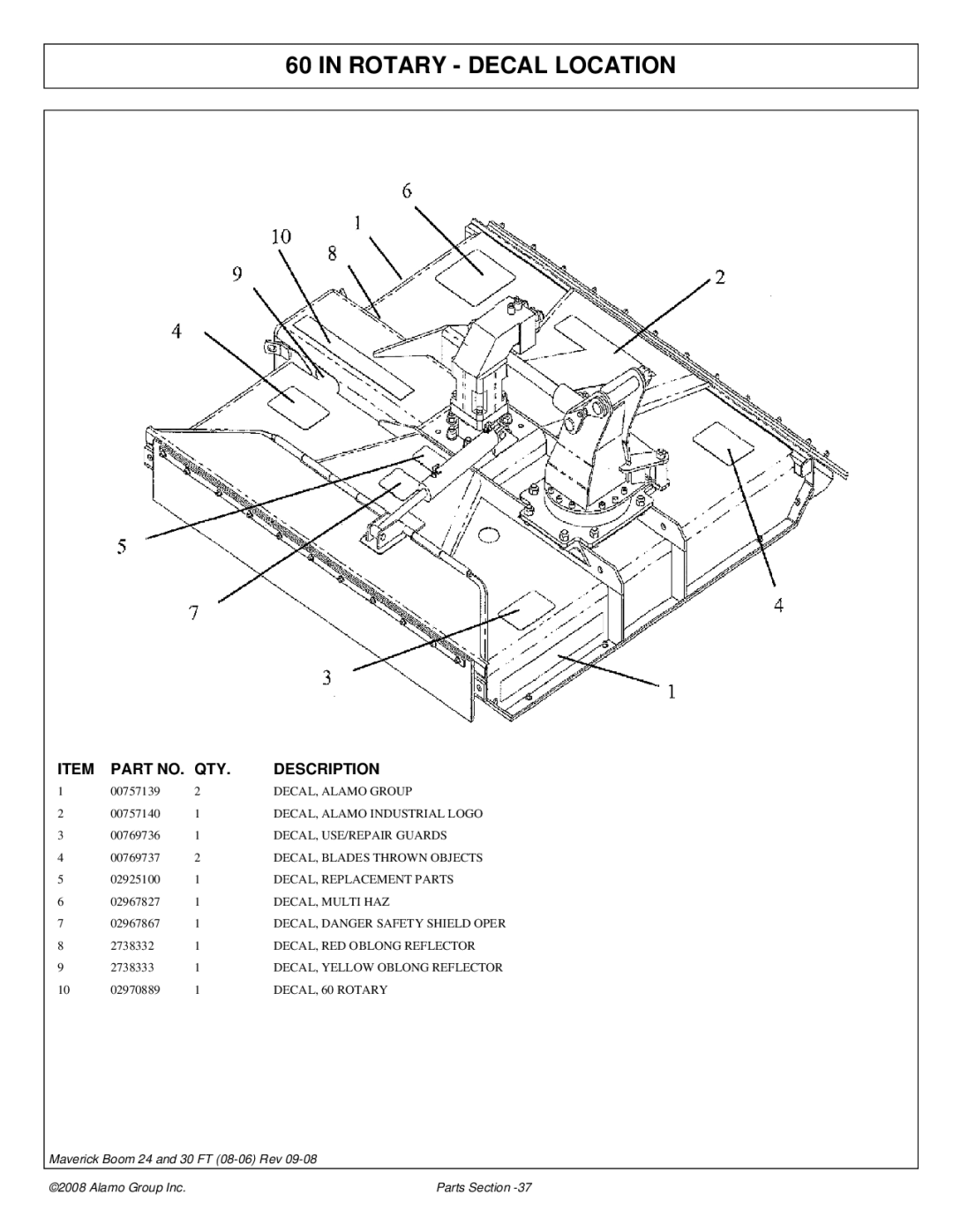 Alamo Boom Arm Mower manual DECAL, Alamo Group, DECAL, Multi HAZ, DECAL, 60 Rotary 