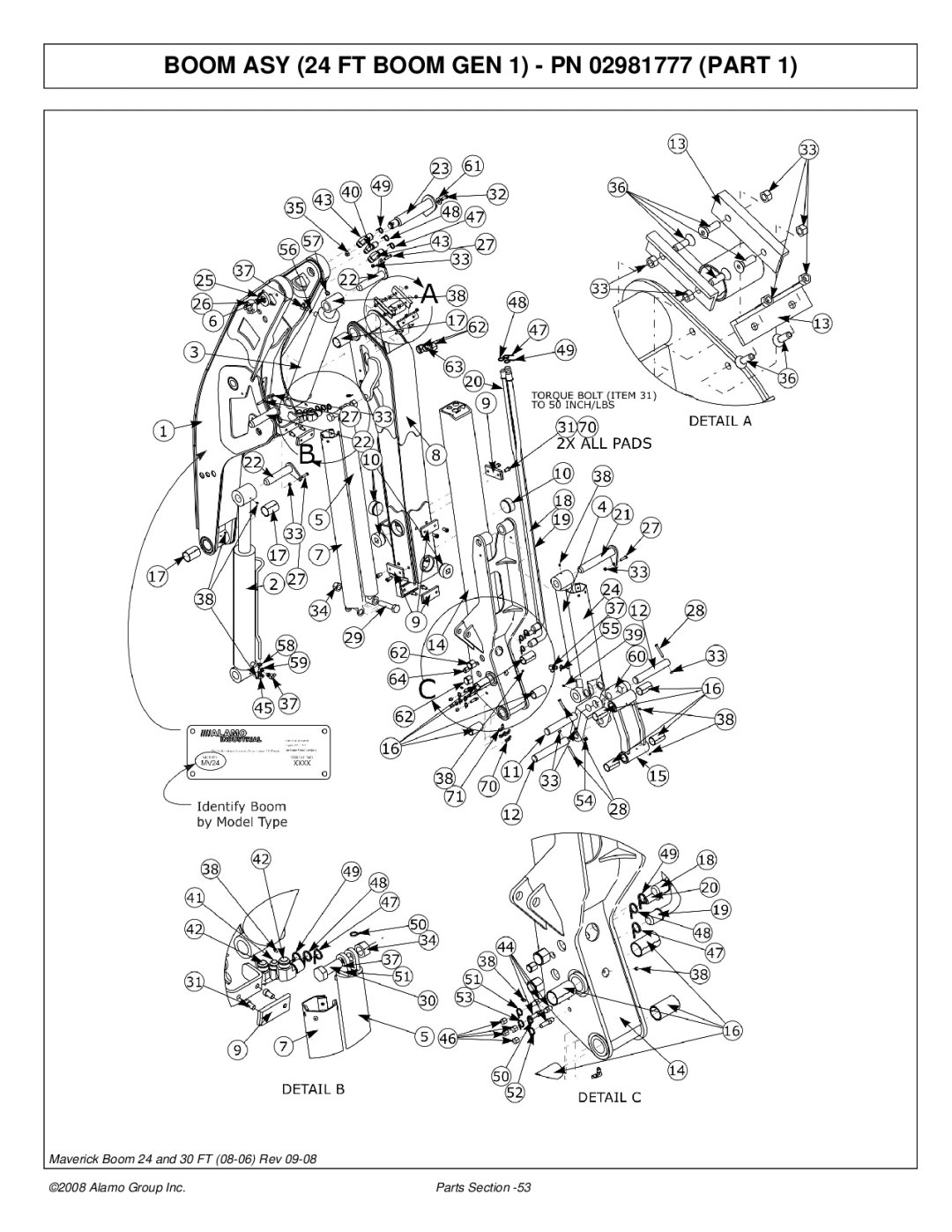 Alamo Boom Arm Mower manual Boom ASY 24 FT Boom GEN 1 PN 02981777 Part 