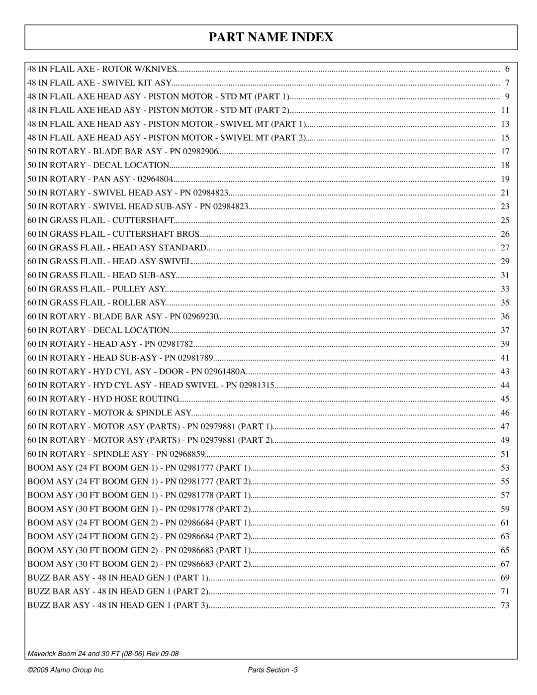 Alamo Boom Arm Mower manual Part Name Index 