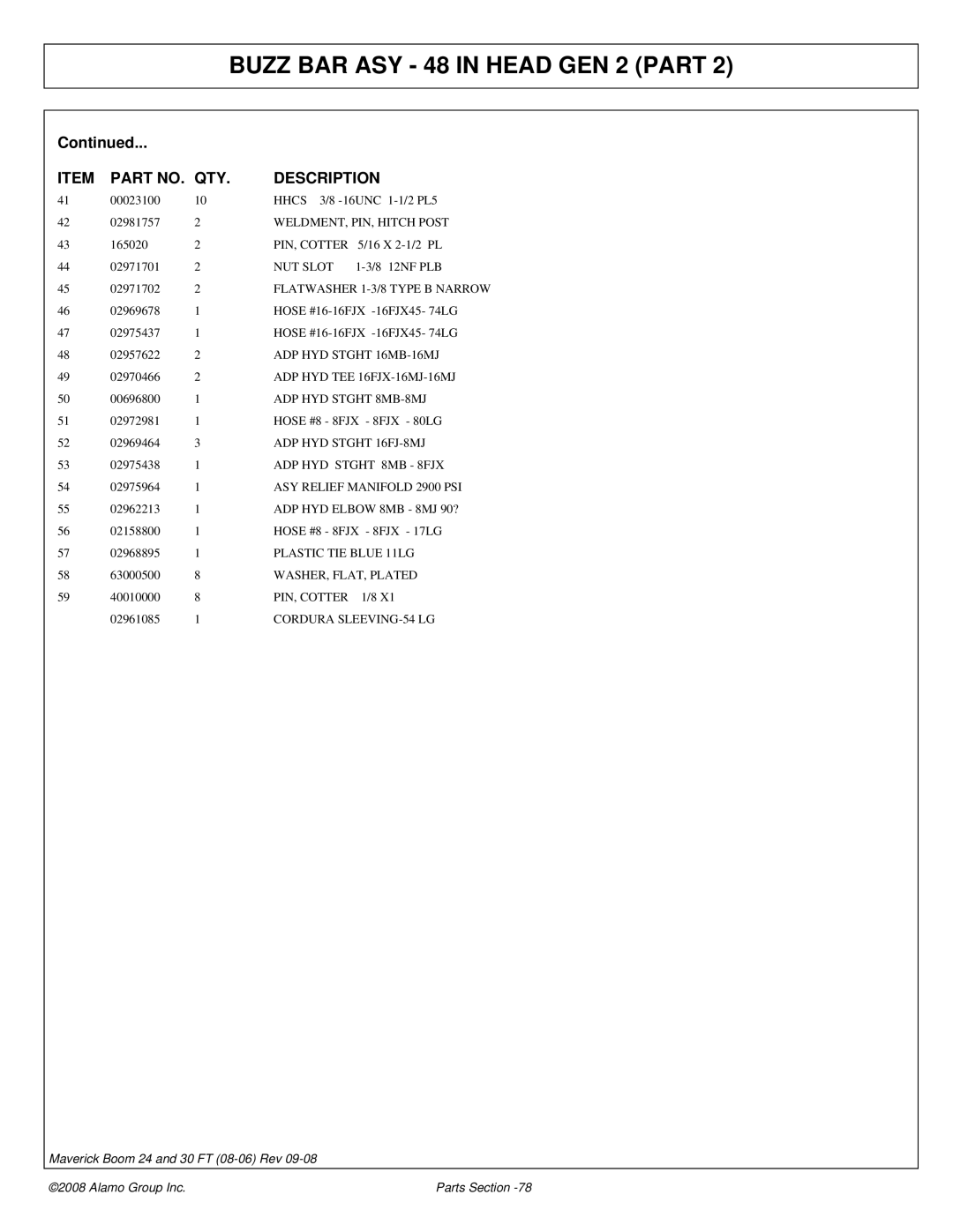 Alamo Boom Arm Mower manual WELDMENT, PIN, Hitch Post, Cordura SLEEVING-54 LG 