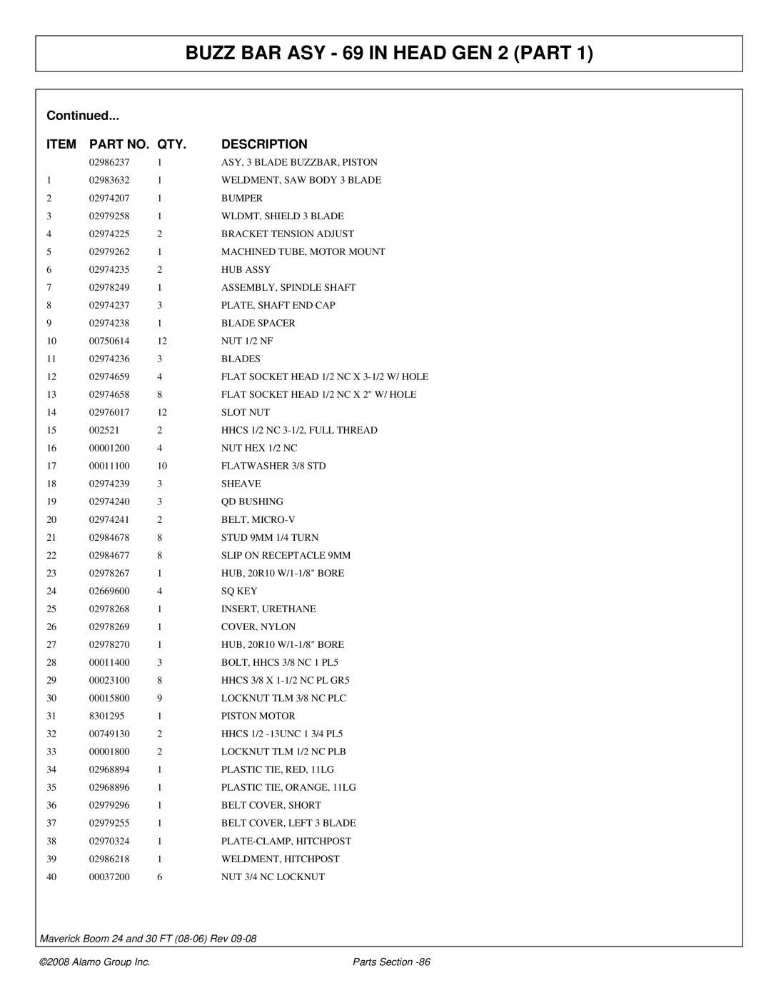 Alamo Boom Arm Mower manual ASY, 3 Blade BUZZBAR, Piston, WELDMENT, SAW Body 3 Blade, WLDMT, Shield 3 Blade 