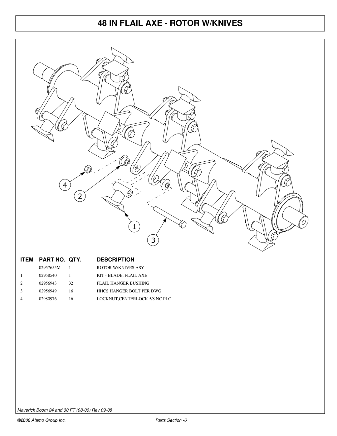 Alamo Boom Arm Mower manual Flail AXE Rotor W/KNIVES, Rotor W/KNIVES ASY, KIT BLADE, Flail AXE, Flail Hanger Bushing 