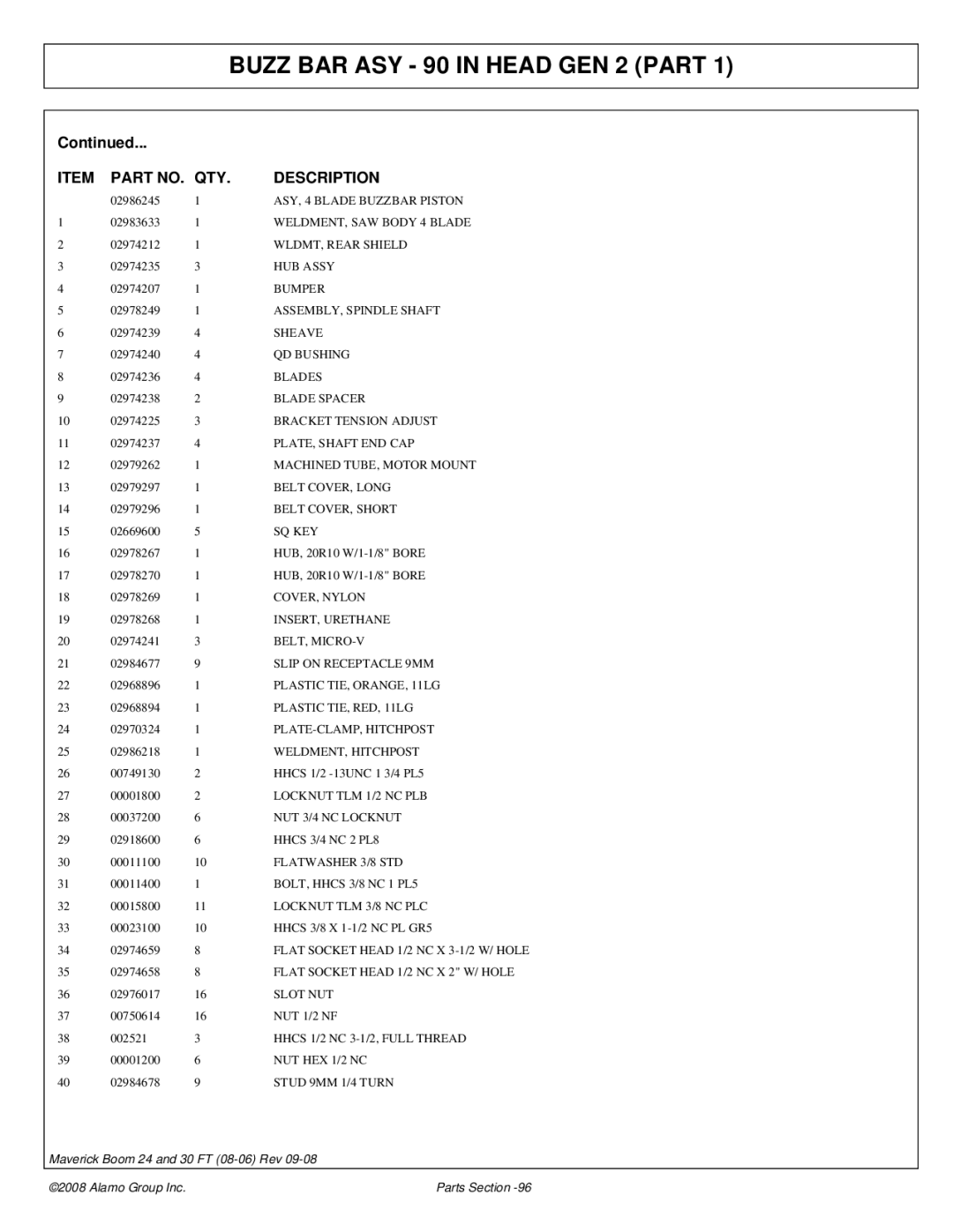 Alamo Boom Arm Mower manual ASY, 4 Blade Buzzbar Piston, WELDMENT, SAW Body 4 Blade, WLDMT, Rear Shield, Belt COVER, Long 