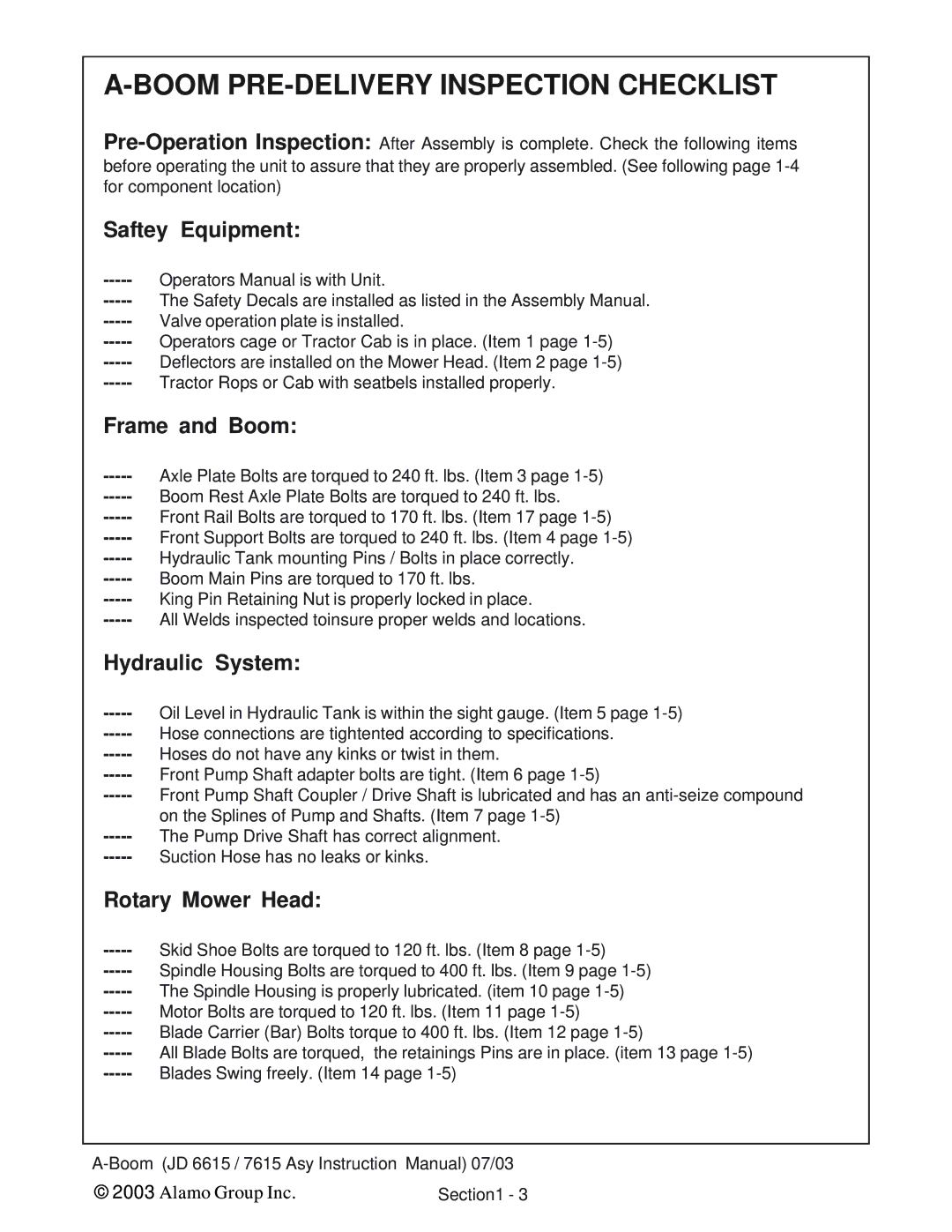 Alamo DSEB-D16/SAS instruction manual Saftey Equipment, Frame and Boom, Hydraulic System, Rotary Mower Head 