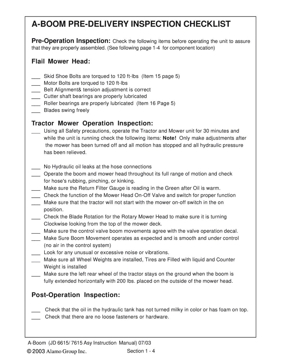 Alamo DSEB-D16/SAS instruction manual Flail Mower Head, Tractor Mower Operation Inspection, Post-Operation Inspection 