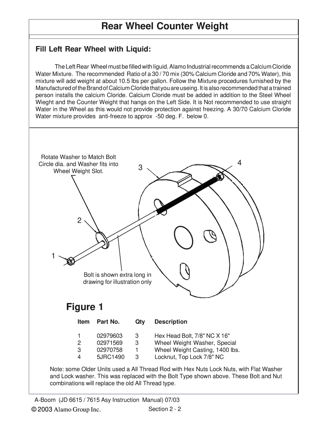 Alamo DSEB-D16/SAS instruction manual Rear Wheel Counter Weight, Fill Left Rear Wheel with Liquid, Qty Description 