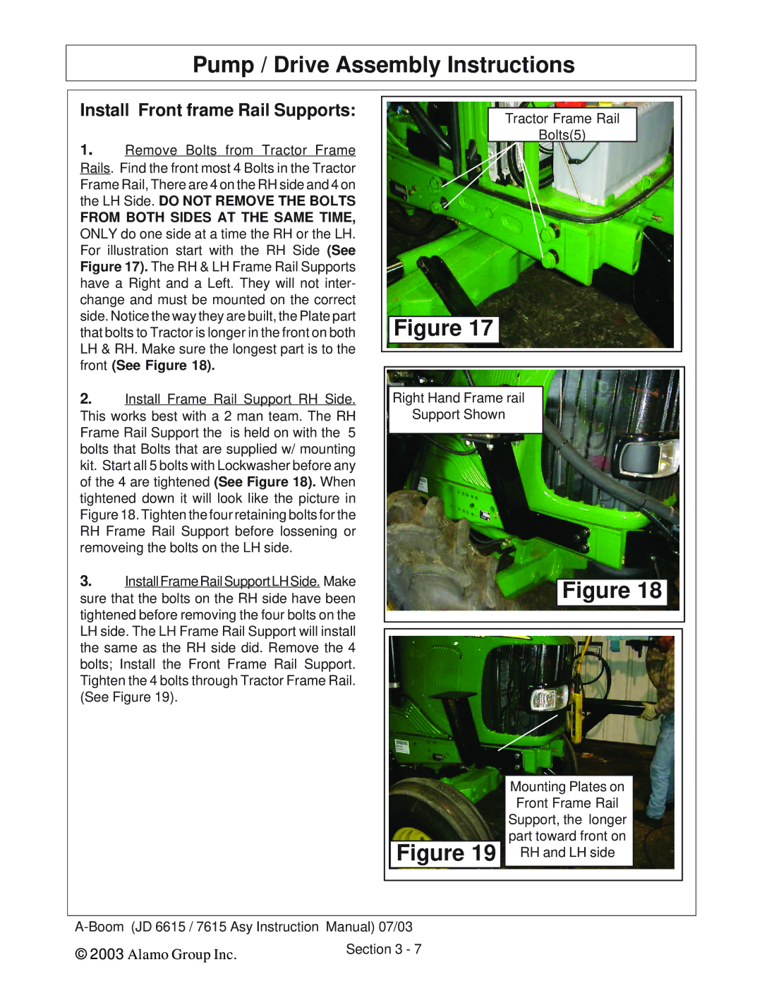 Alamo DSEB-D16/SAS instruction manual Install Front frame Rail Supports 