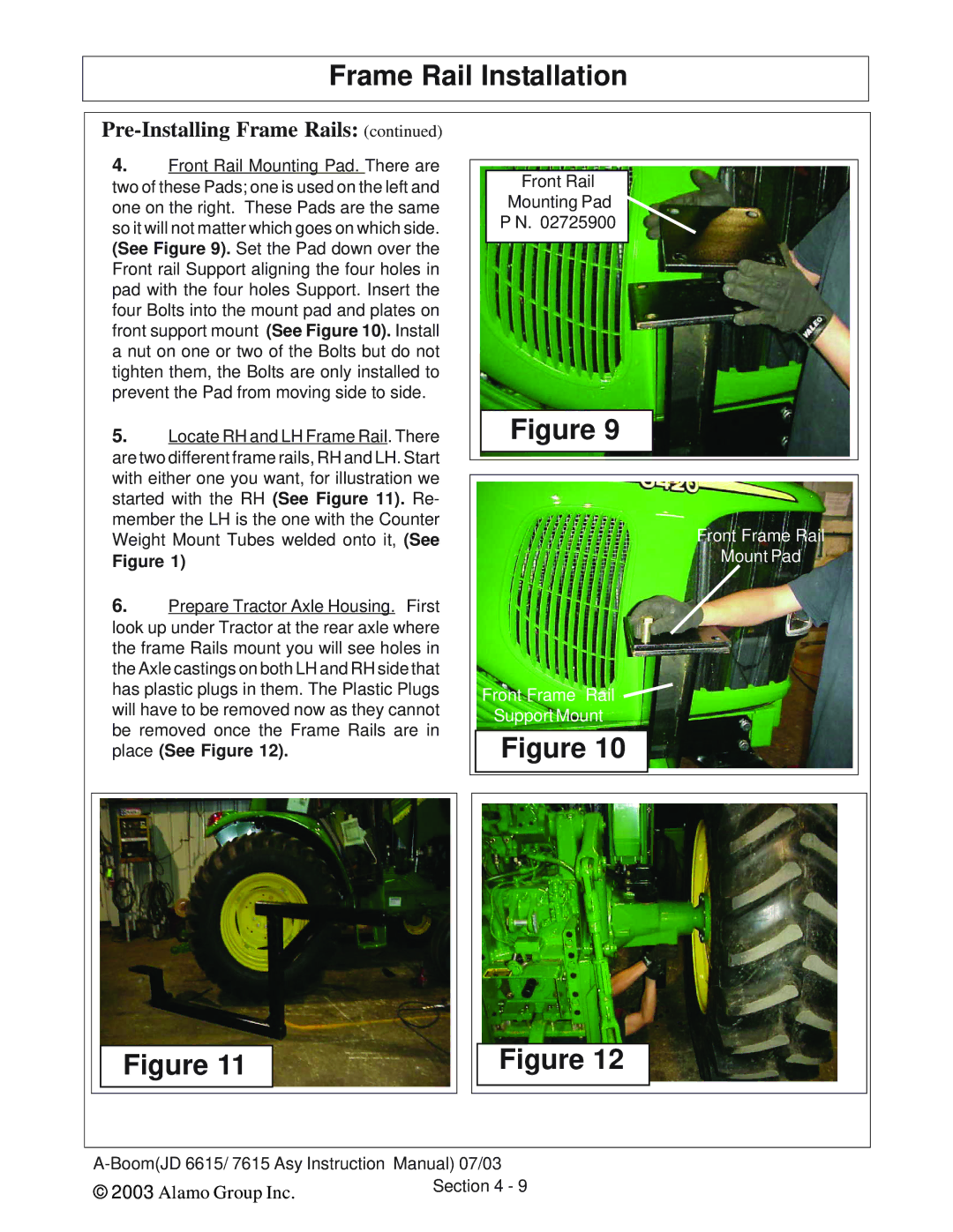 Alamo DSEB-D16/SAS instruction manual Front Frame Rail Mount Pad Support Mount 