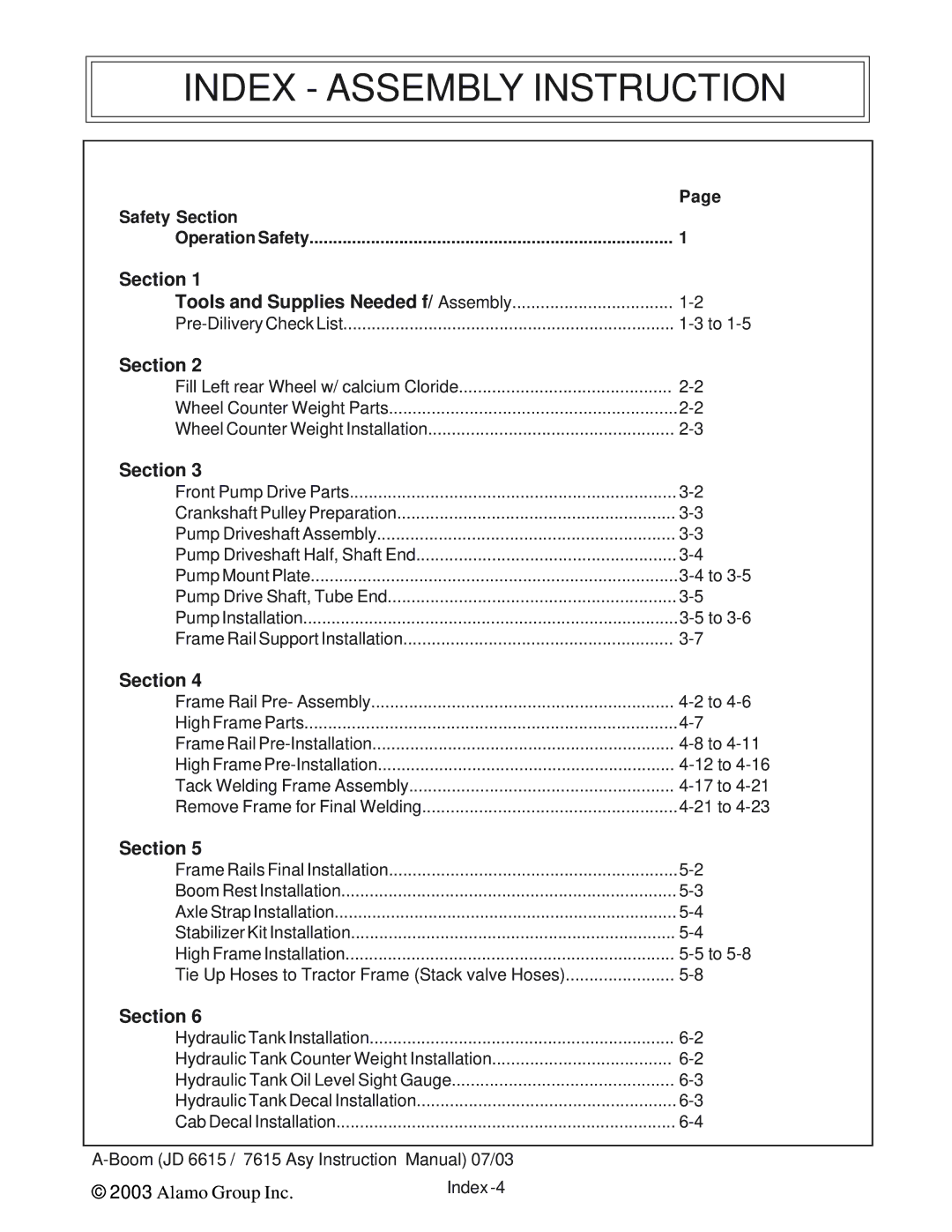 Alamo DSEB-D16/SAS instruction manual Index Assembly Instruction, Safety Section Operation Safety 