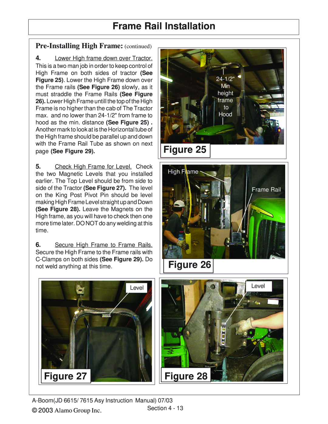 Alamo DSEB-D16/SAS instruction manual 24-1/2 Min Height frame to Hood High Frame Frame Rail 