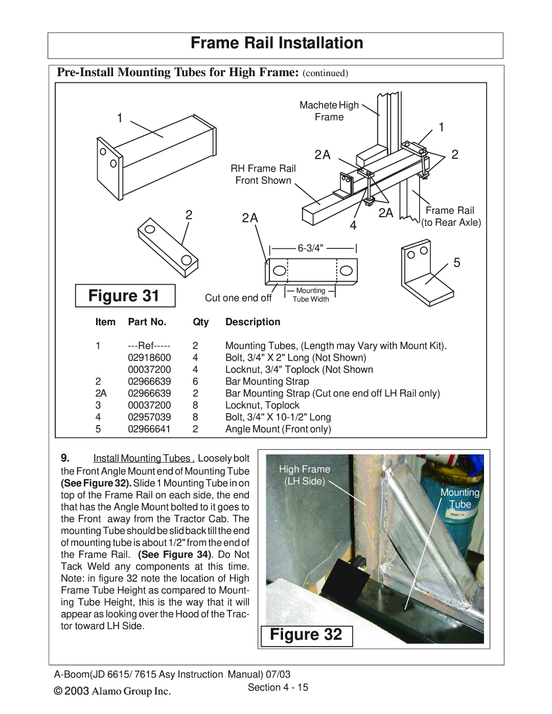 Alamo DSEB-D16/SAS instruction manual Pre-Install Mounting Tubes for High Frame, Item Part No 