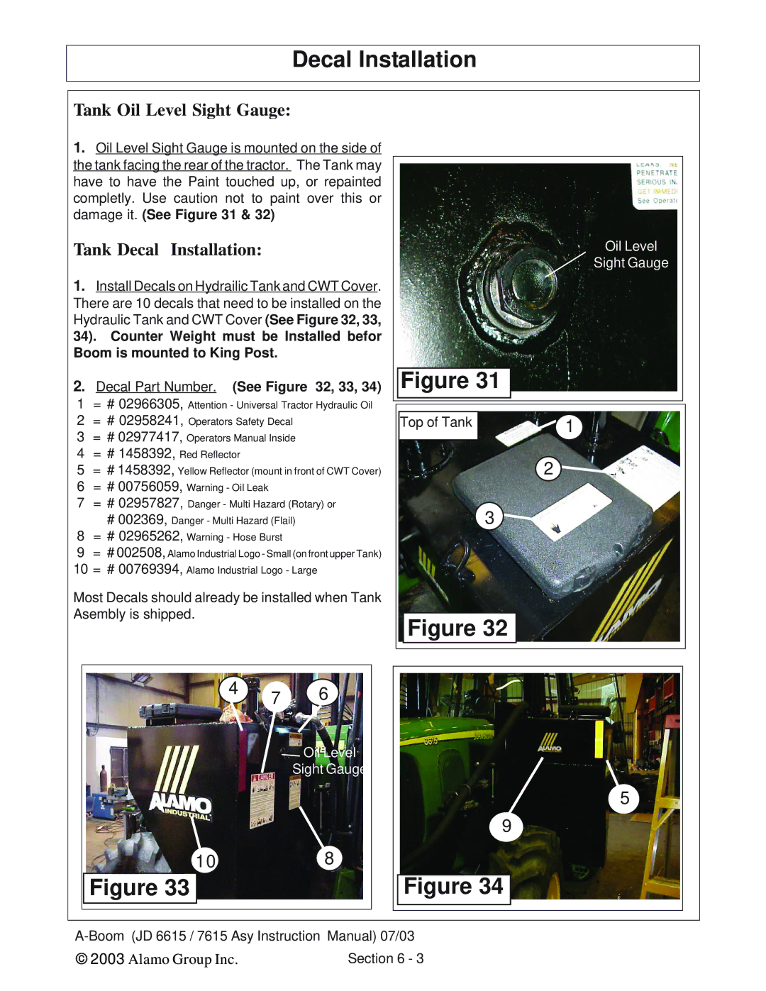 Alamo DSEB-D16/SAS instruction manual Tank Oil Level Sight Gauge, Tank Decal Installation, Decal Part Number. See , 33 