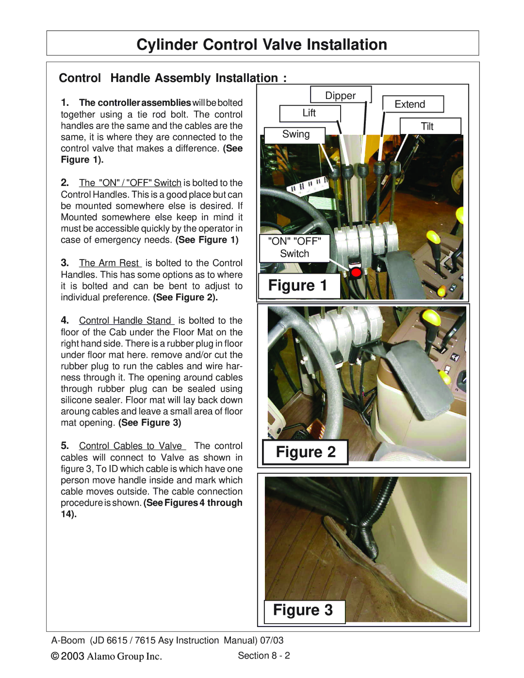 Alamo DSEB-D16/SAS instruction manual Cylinder Control Valve Installation, Control Handle Assembly Installation 