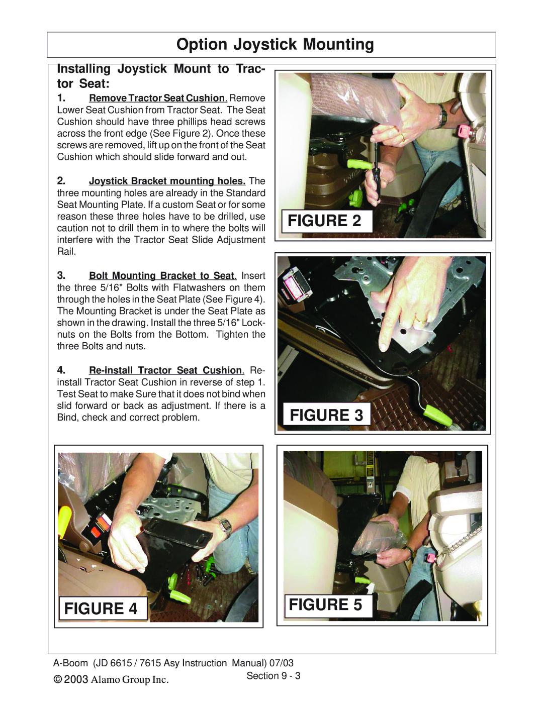 Alamo DSEB-D16/SAS instruction manual Option Joystick Mounting, Installing Joystick Mount to Trac- tor Seat 