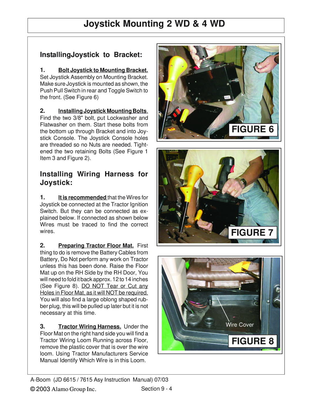Alamo DSEB-D16 Joystick Mounting 2 WD & 4 WD, InstallingJoystick to Bracket, Installing Wiring Harness for Joystick 