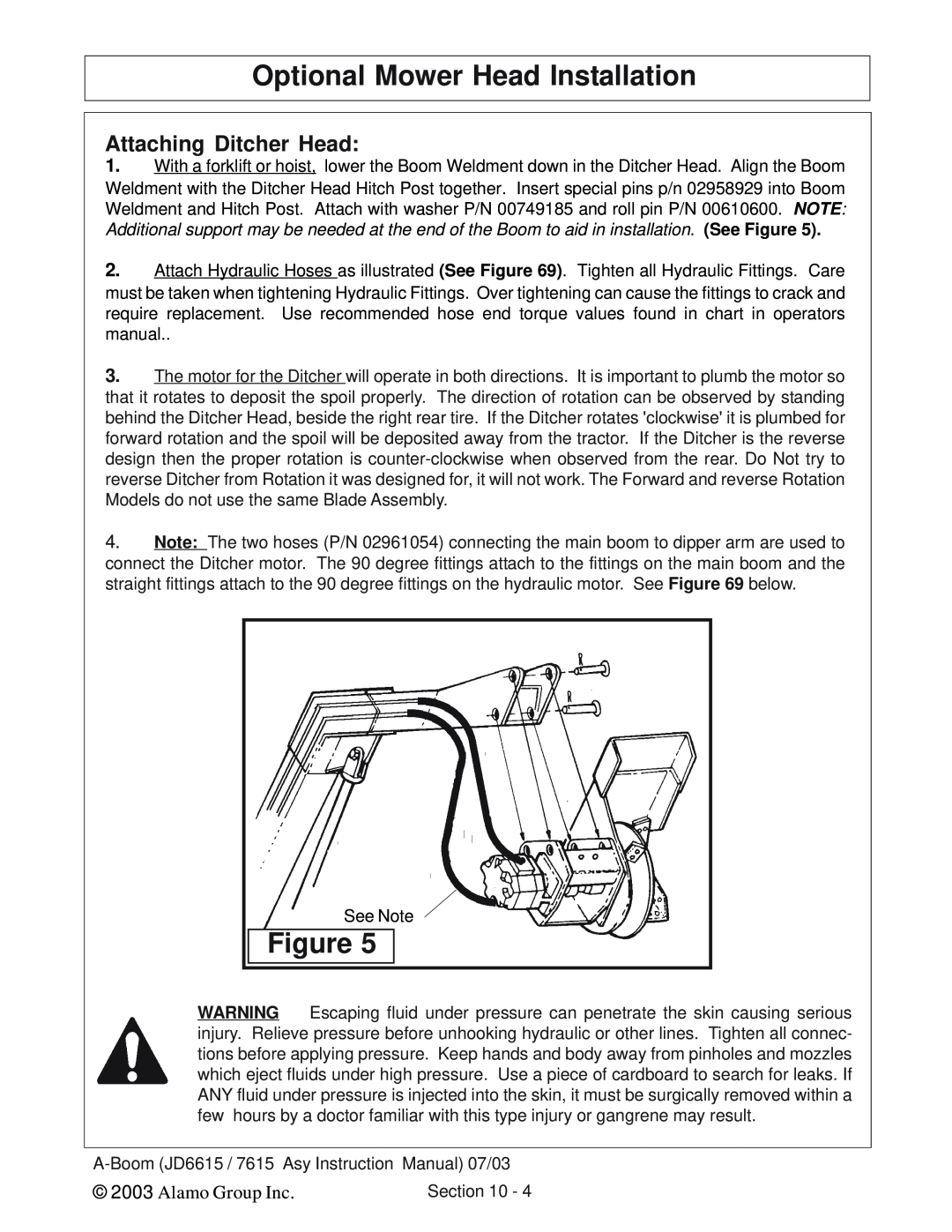 Alamo DSEB-D16/SAS instruction manual Attaching Ditcher Head, Optional Mower Head Installation, Alamo Group Inc 