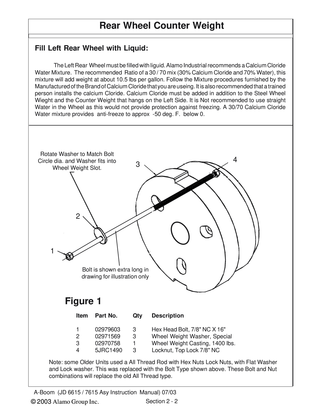 Alamo DSEB-D16/SAS Rear Wheel Counter Weight, Fill Left Rear Wheel with Liquid, Alamo Group Inc, Description 