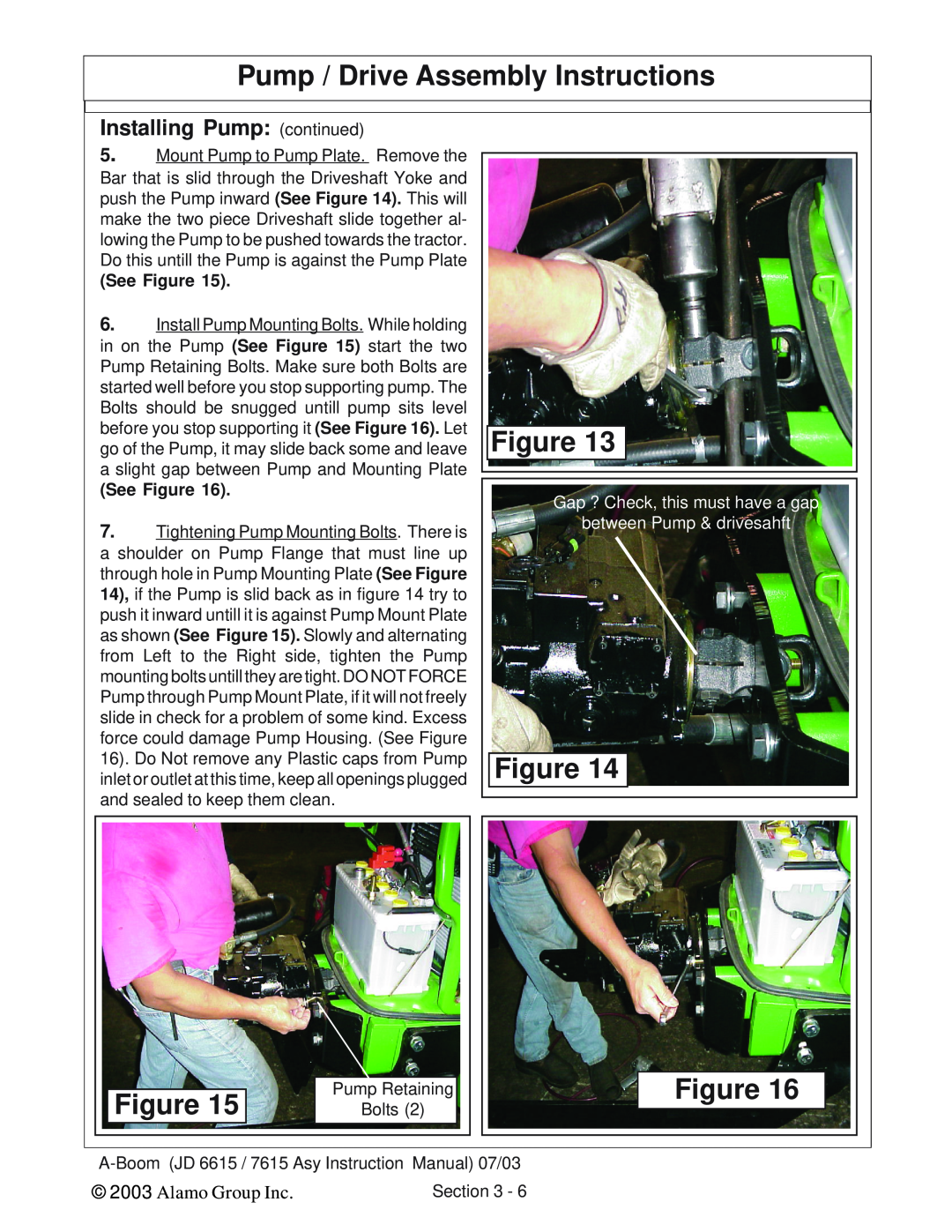 Alamo DSEB-D16/SAS Installing Pump continued, Pump / Drive Assembly Instructions, Alamo Group Inc, See Figure 