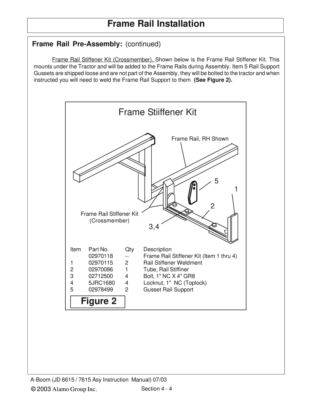 Alamo DSEB-D16 Frame Stiiffener Kit, Frame Rail Installation, Frame Rail Pre-Assembly continued, Alamo Group Inc 