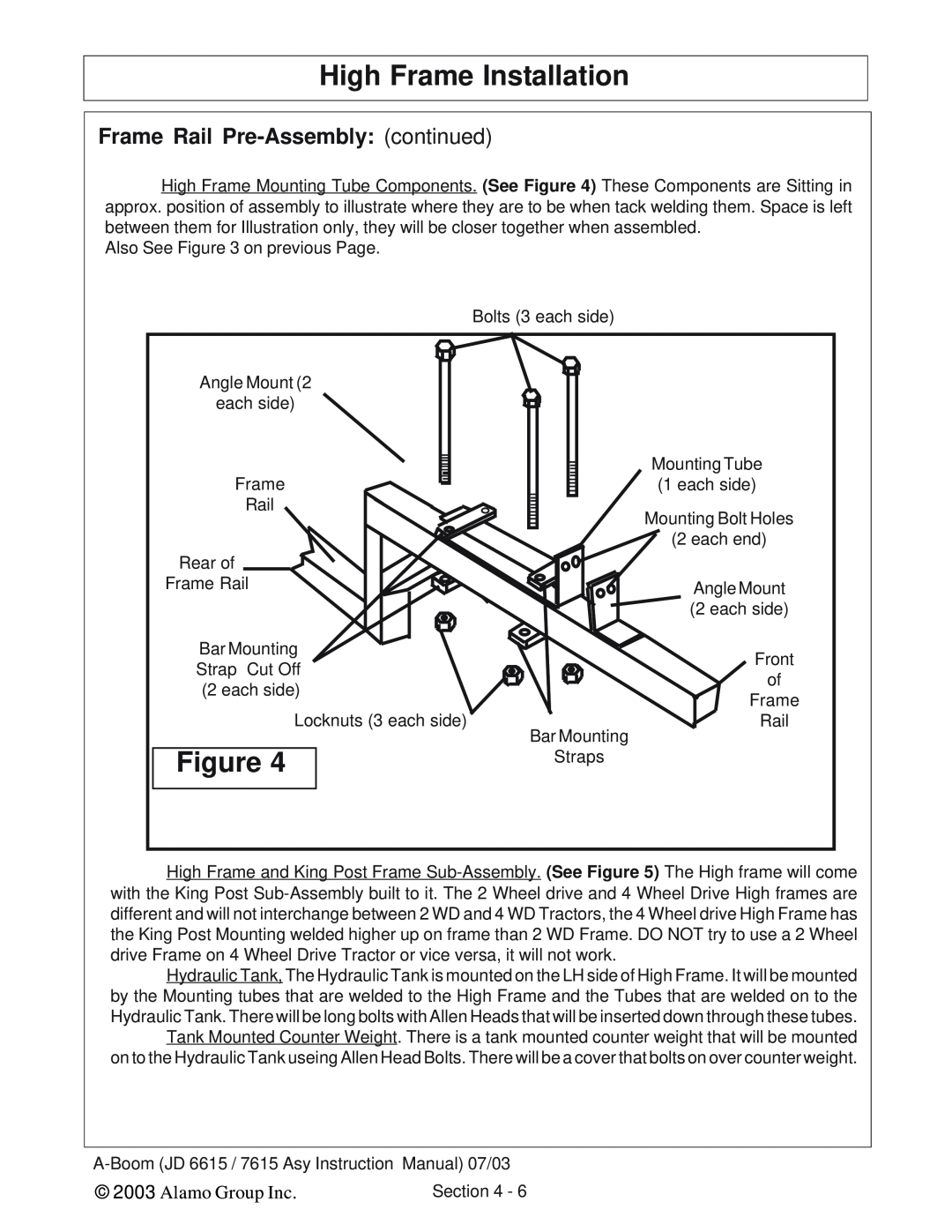 Alamo DSEB-D16/SAS instruction manual High Frame Installation, Frame Rail Pre-Assembly continued, Alamo Group Inc 
