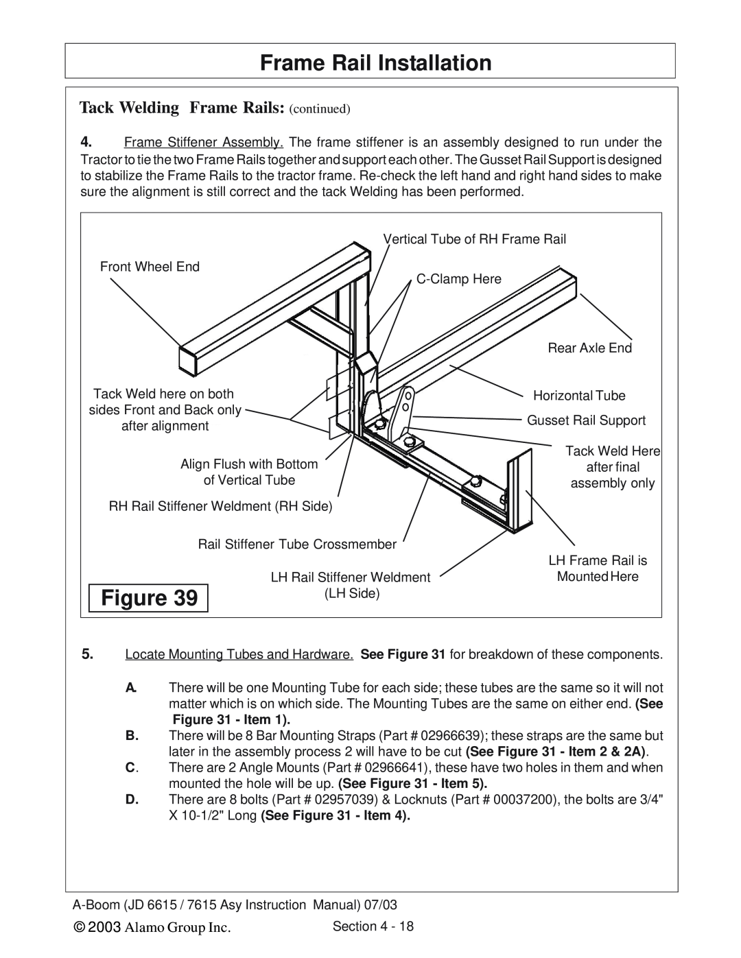 Alamo DSEB-D16/SAS instruction manual Tack Welding Frame Rails continued, Frame Rail Installation, Alamo Group Inc, Item 