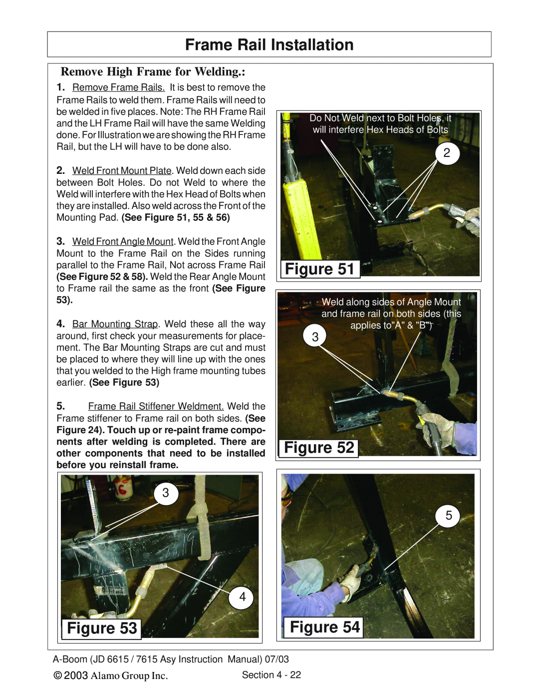Alamo DSEB-D16/SAS instruction manual Remove High Frame for Welding, Frame Rail Installation, Alamo Group Inc 
