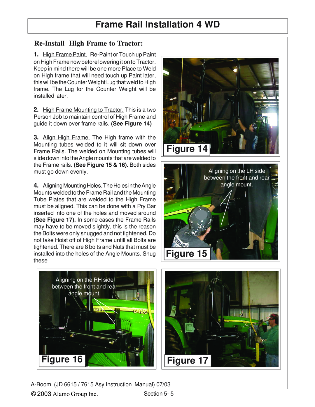 Alamo DSEB-D16/SAS instruction manual Re-Install High Frame to Tractor, Frame Rail Installation 4 WD, Alamo Group Inc 