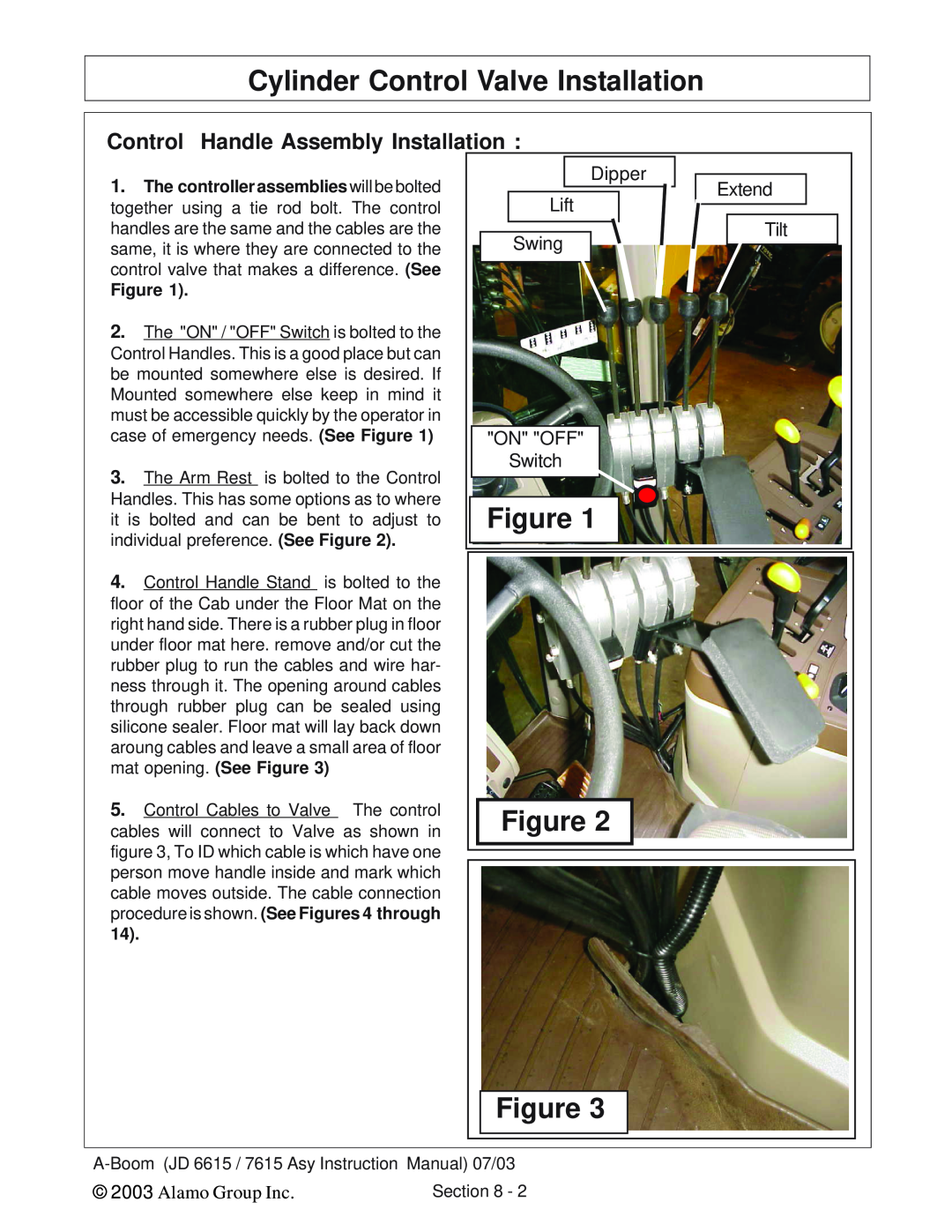 Alamo DSEB-D16/SAS instruction manual Cylinder Control Valve Installation, Handle Assembly Installation, Alamo Group Inc 