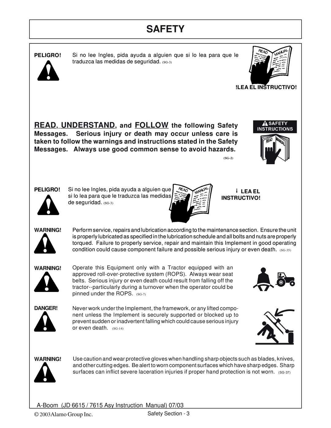 Alamo DSEB-D16/SAS instruction manual 2003Alamo Group Inc, Lea El Instructivo, Danger, Safety Section 