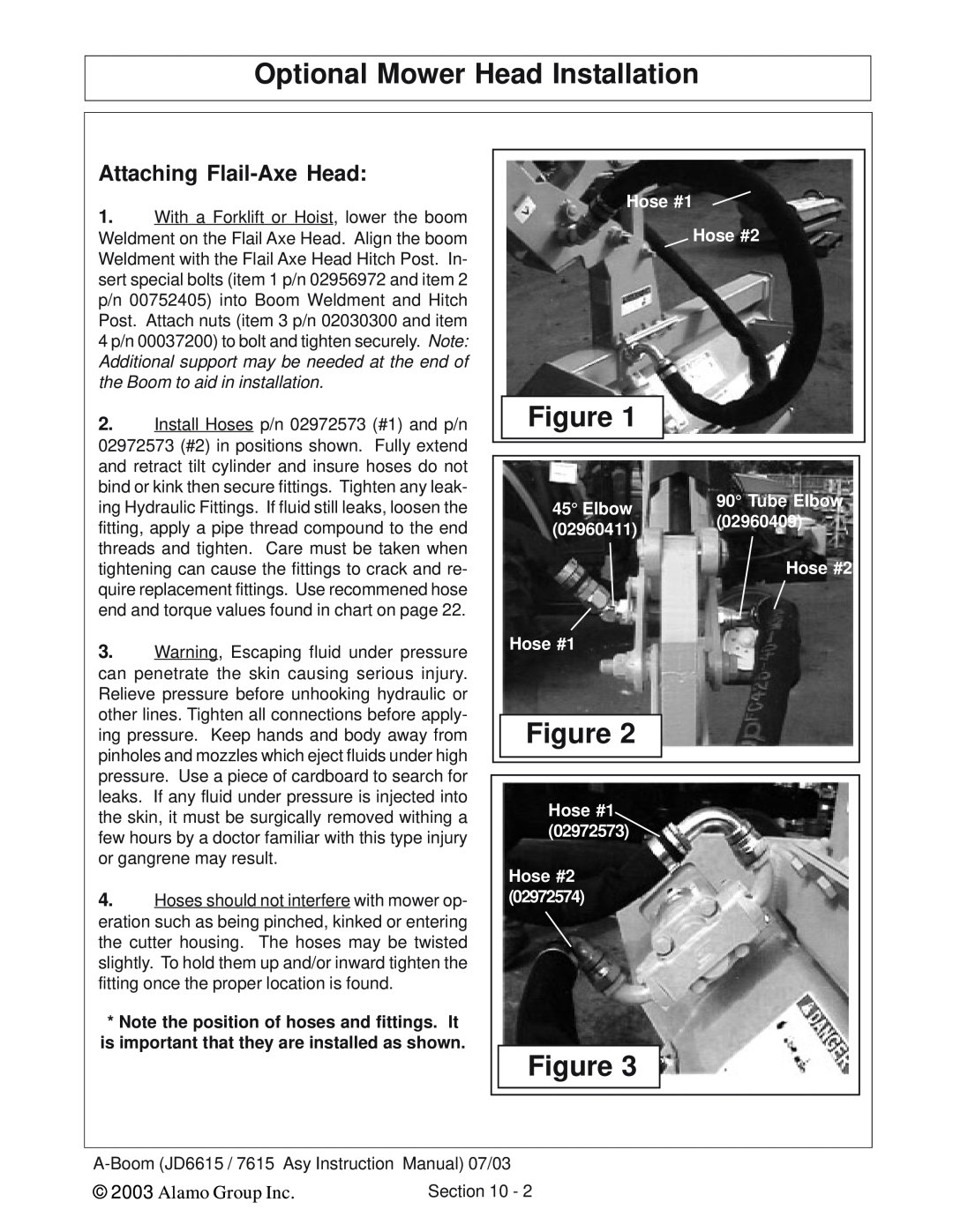 Alamo DSEB-D16 Optional Mower Head Installation, Attaching Flail-Axe Head, Alamo Group Inc, Hose #1 Hose #2, Elbow 