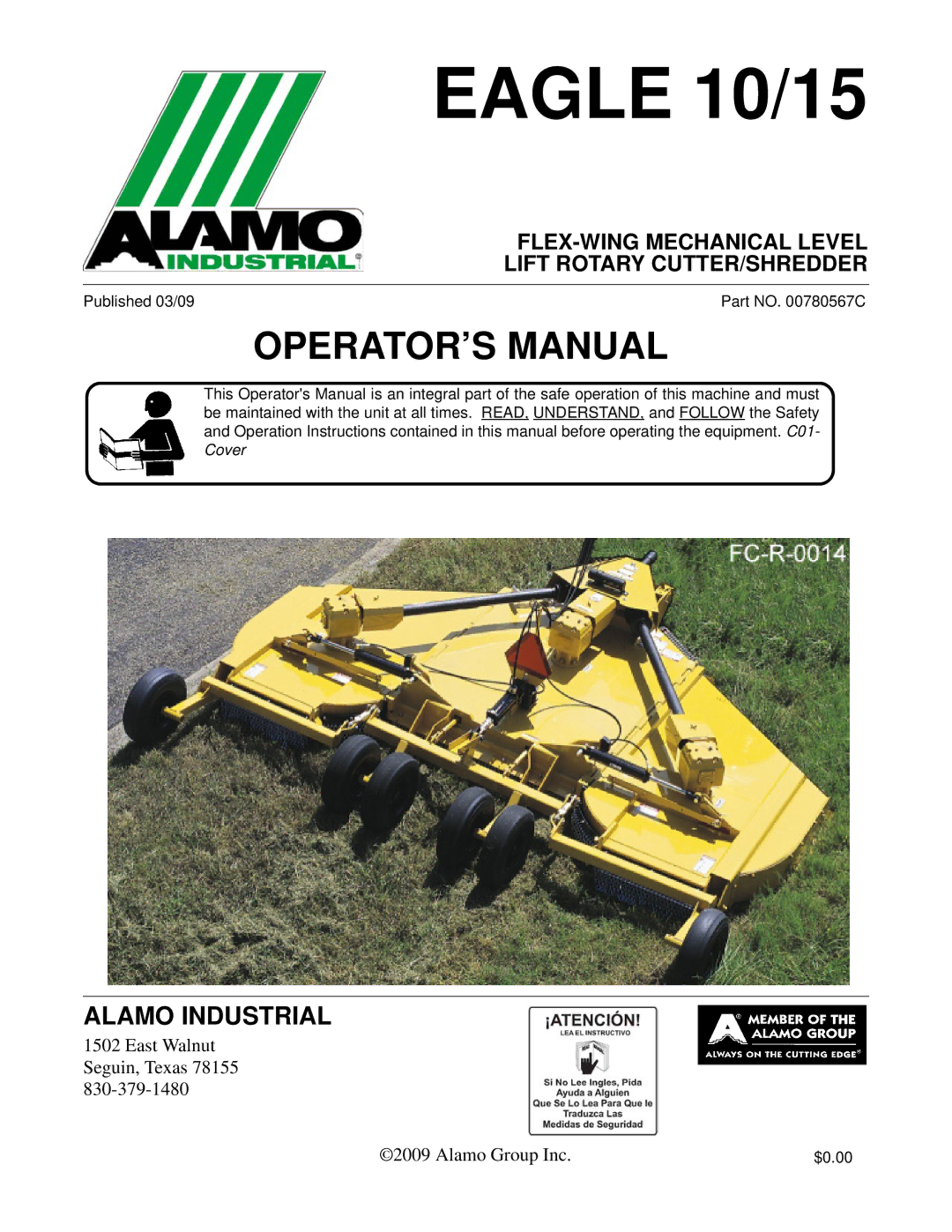 Alamo EAGLE 10/15 manual Eagle 10/15, FLEX-WING Mechanical Level Lift Rotary CUTTER/SHREDDER 