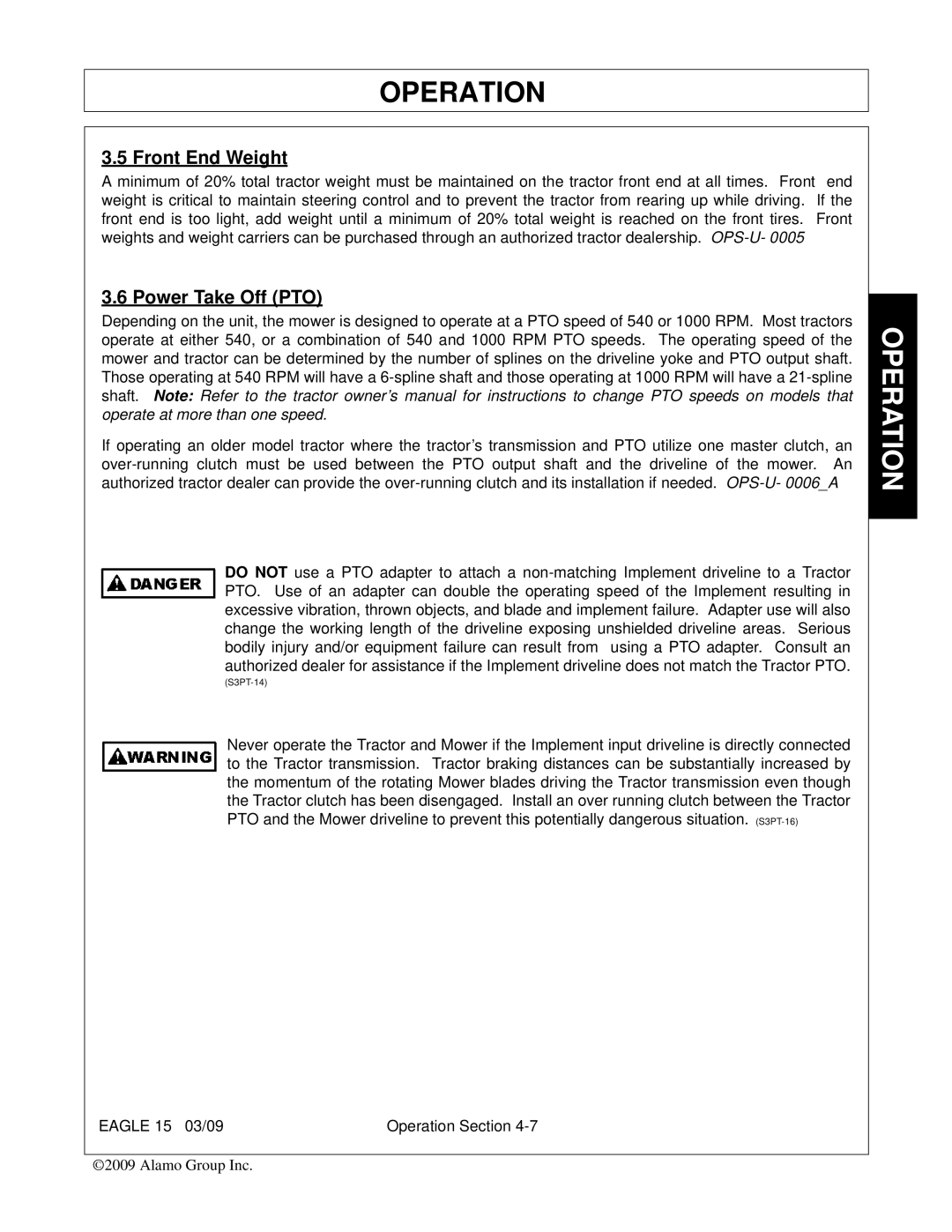 Alamo EAGLE 10/15 manual Front End Weight, Power Take Off PTO 