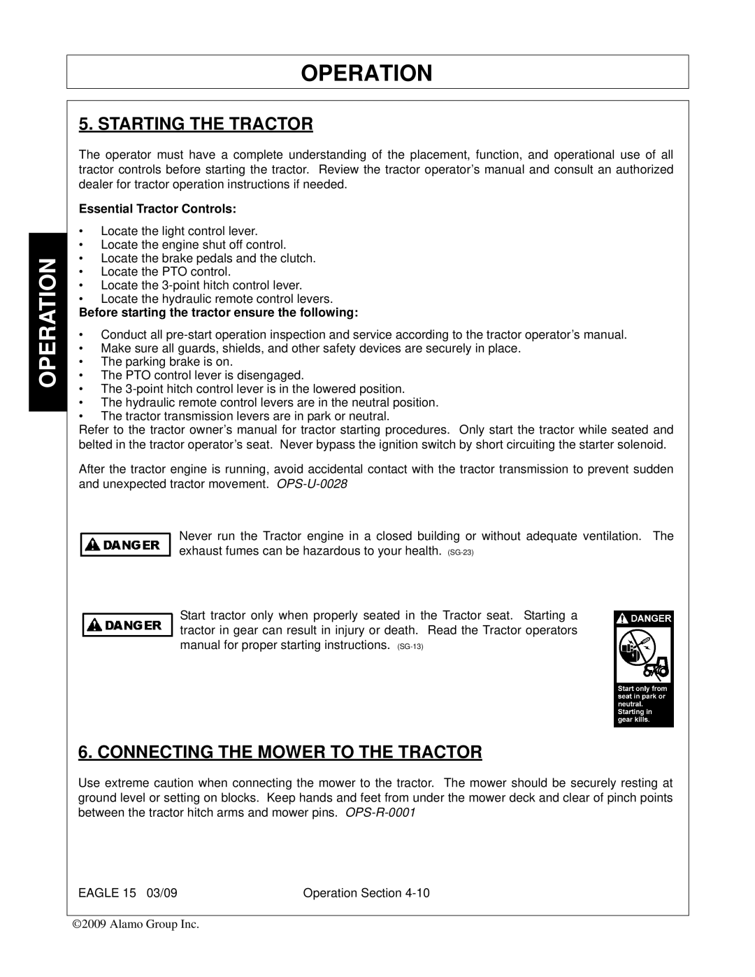 Alamo EAGLE 10/15 manual Starting the Tractor, Connecting the Mower to the Tractor, Essential Tractor Controls 