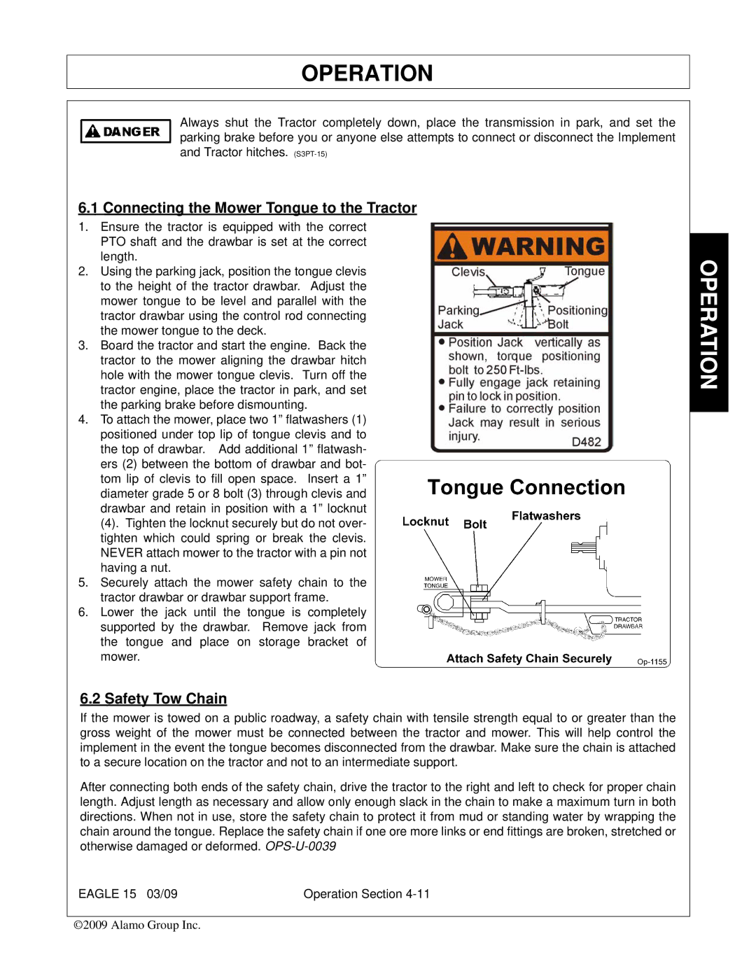 Alamo EAGLE 10/15 manual Connecting the Mower Tongue to the Tractor, Safety Tow Chain 