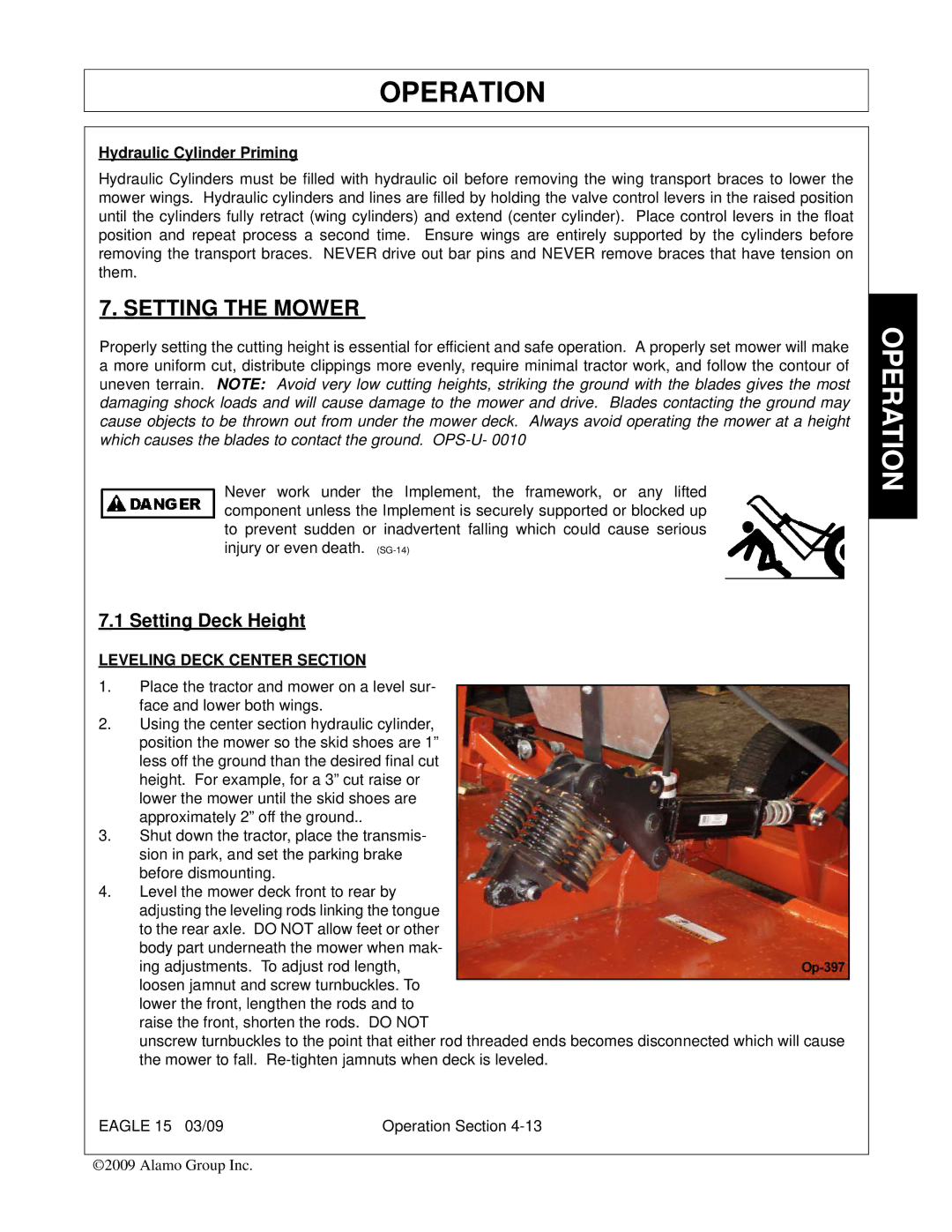 Alamo EAGLE 10/15 manual Setting the Mower, Setting Deck Height, Hydraulic Cylinder Priming 