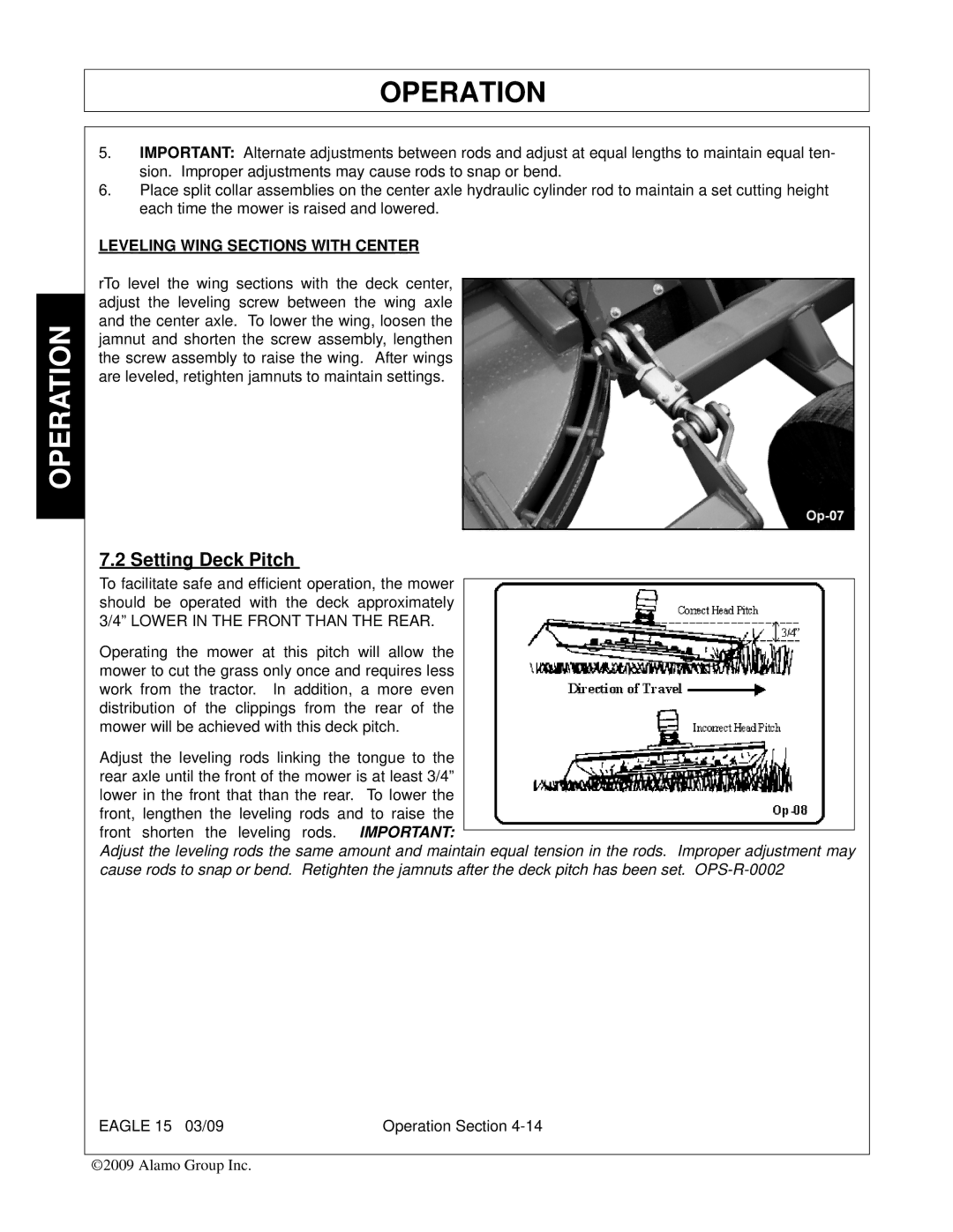 Alamo EAGLE 10/15 manual Setting Deck Pitch, Leveling Wing Sections with Center 